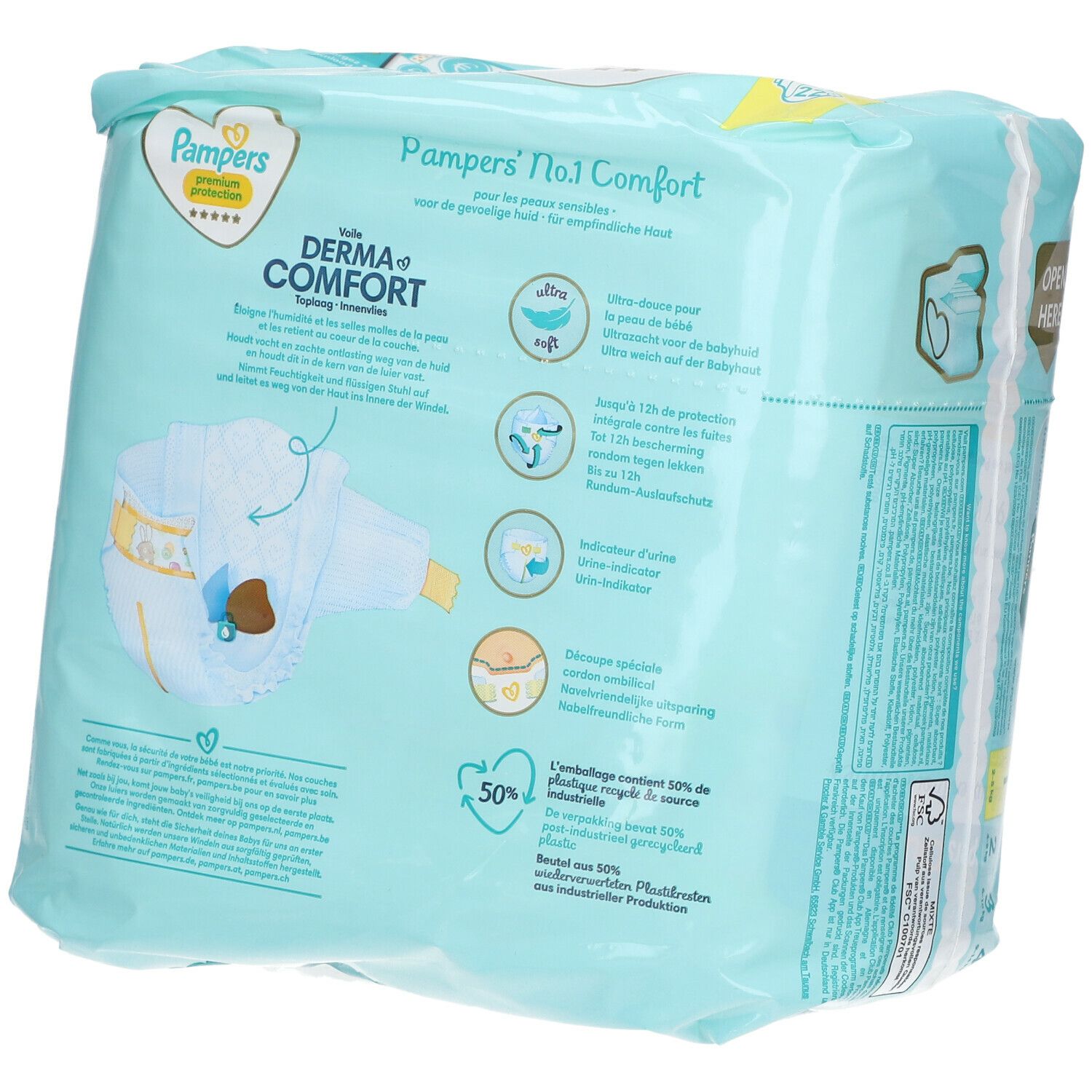Dos du paquet de couches Pampers Premium Protection. Informations sur Derma Comfort, absorption et recyclage.
