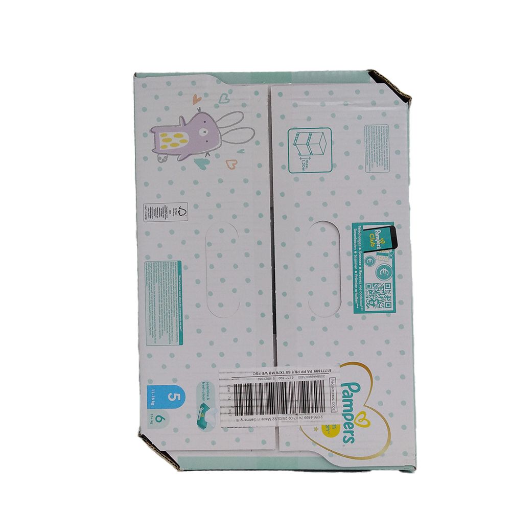 Boîte de couches Pampers. Motif animal violet, pois et logo. Taille 5, 11-16 kg.