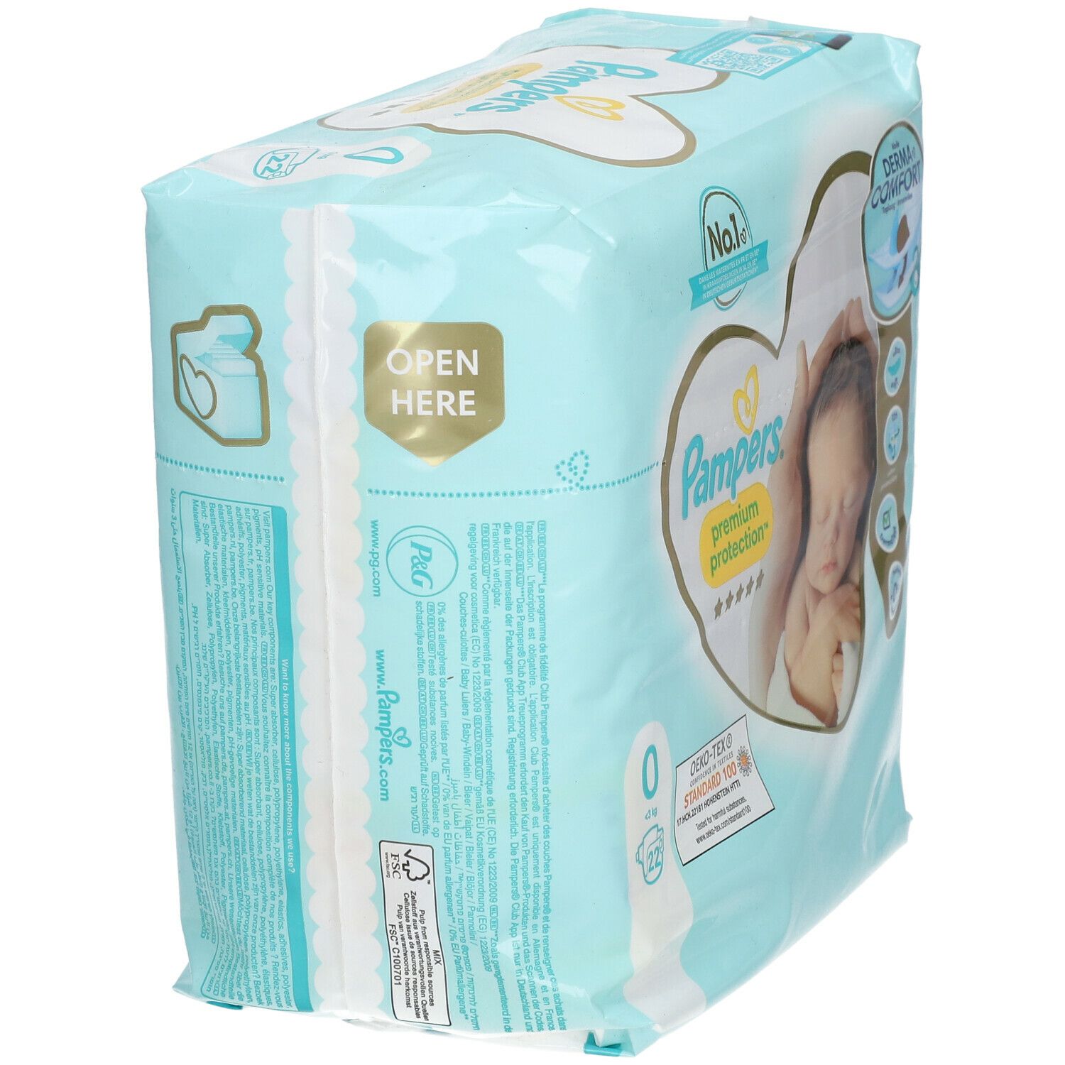 Paquet de couches Pampers Premium Protection Taille 0, vue latérale. Inscription 'Open Here'. Certification Oeko-Tex Standard 100.