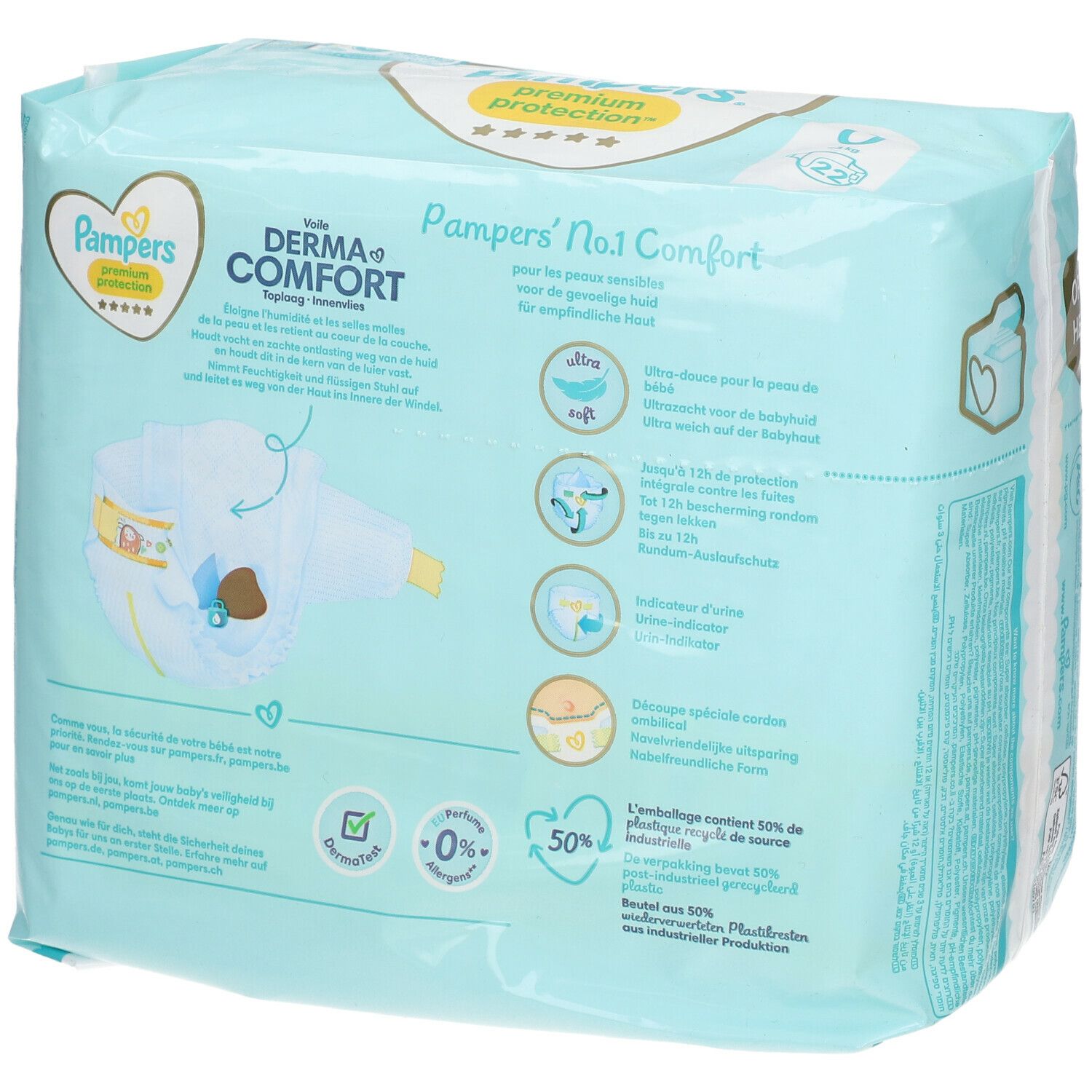 Dos du paquet de couches Pampers Premium Protection. Informations produit et pictogrammes. Logo 'Derma Comfort'.