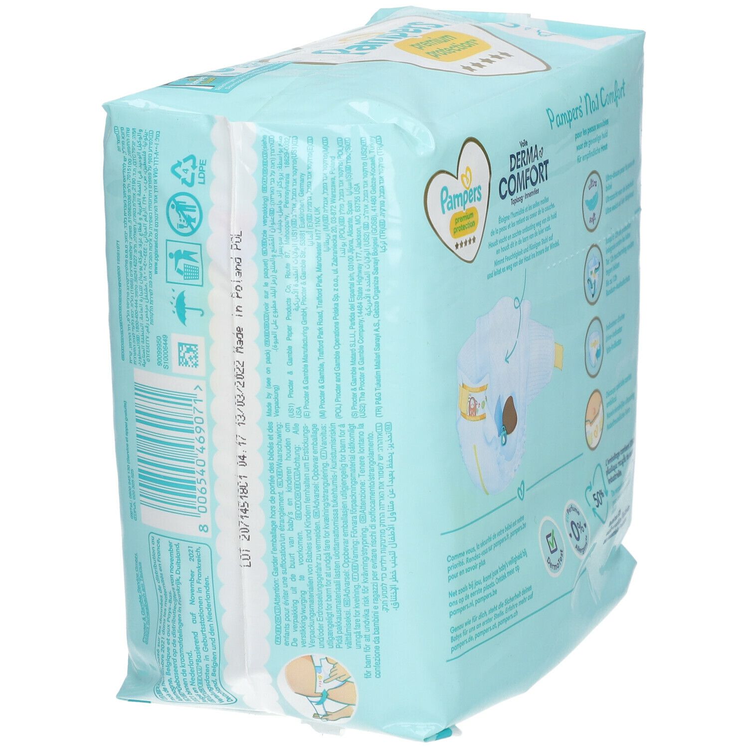 Vue latérale du paquet de couches Pampers Premium Protection. Informations et pictogrammes. Logo 'Derma Comfort'.