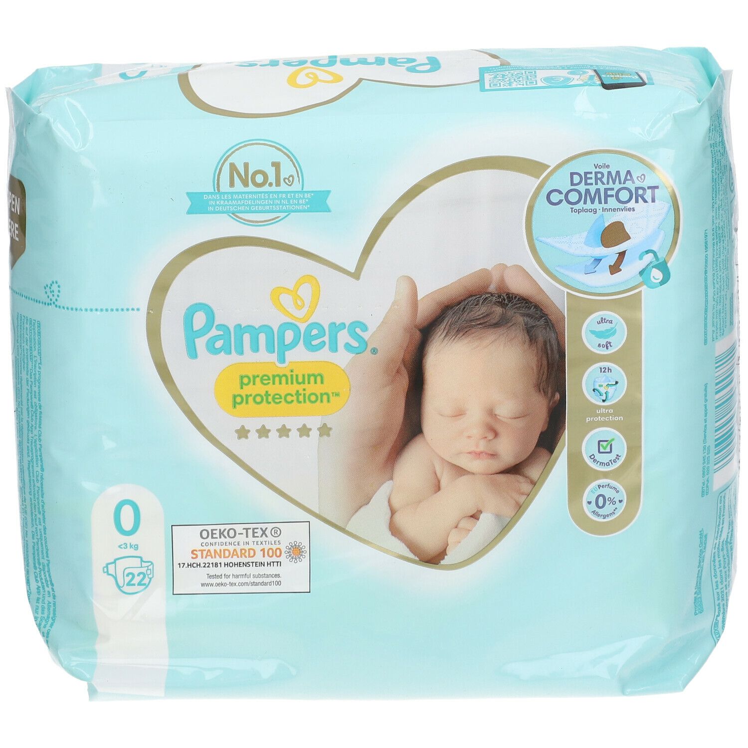Paquet de couches Pampers Premium Protection Taille 0. Bébé sur l'emballage. Certification Oeko-Tex Standard 100.