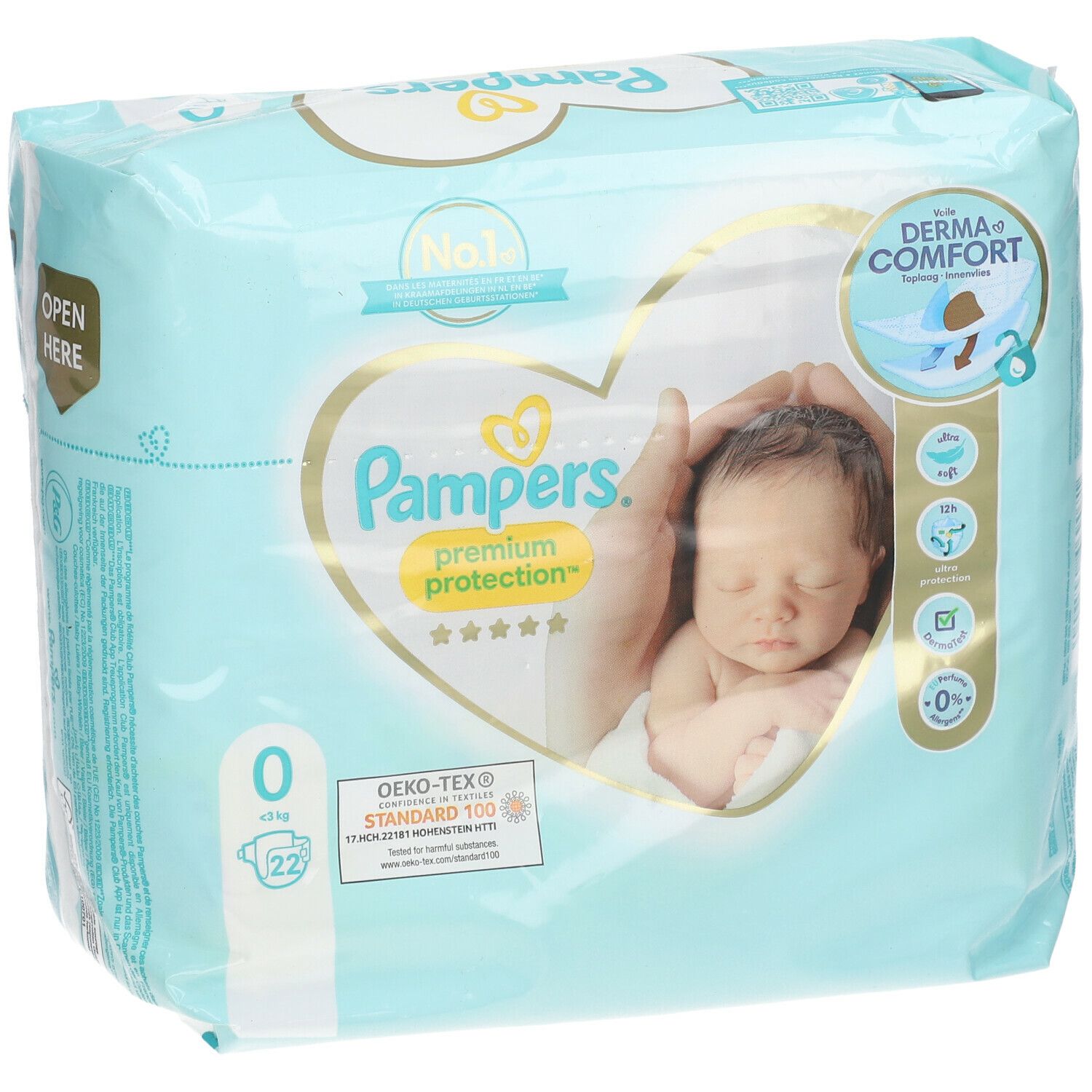 Paquet de couches Pampers Premium Protection Taille 0. Bébé sur l'emballage. Inscription 'Open Here'. Oeko-Tex Standard 100.