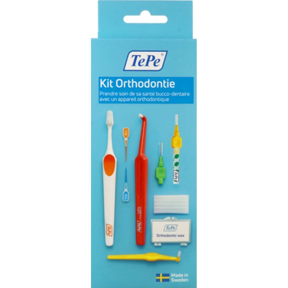 Kit d'orthodontie TePe. Contient brosse à dents, brossettes interdentaires, fil dentaire et cire. Emballage bleu.