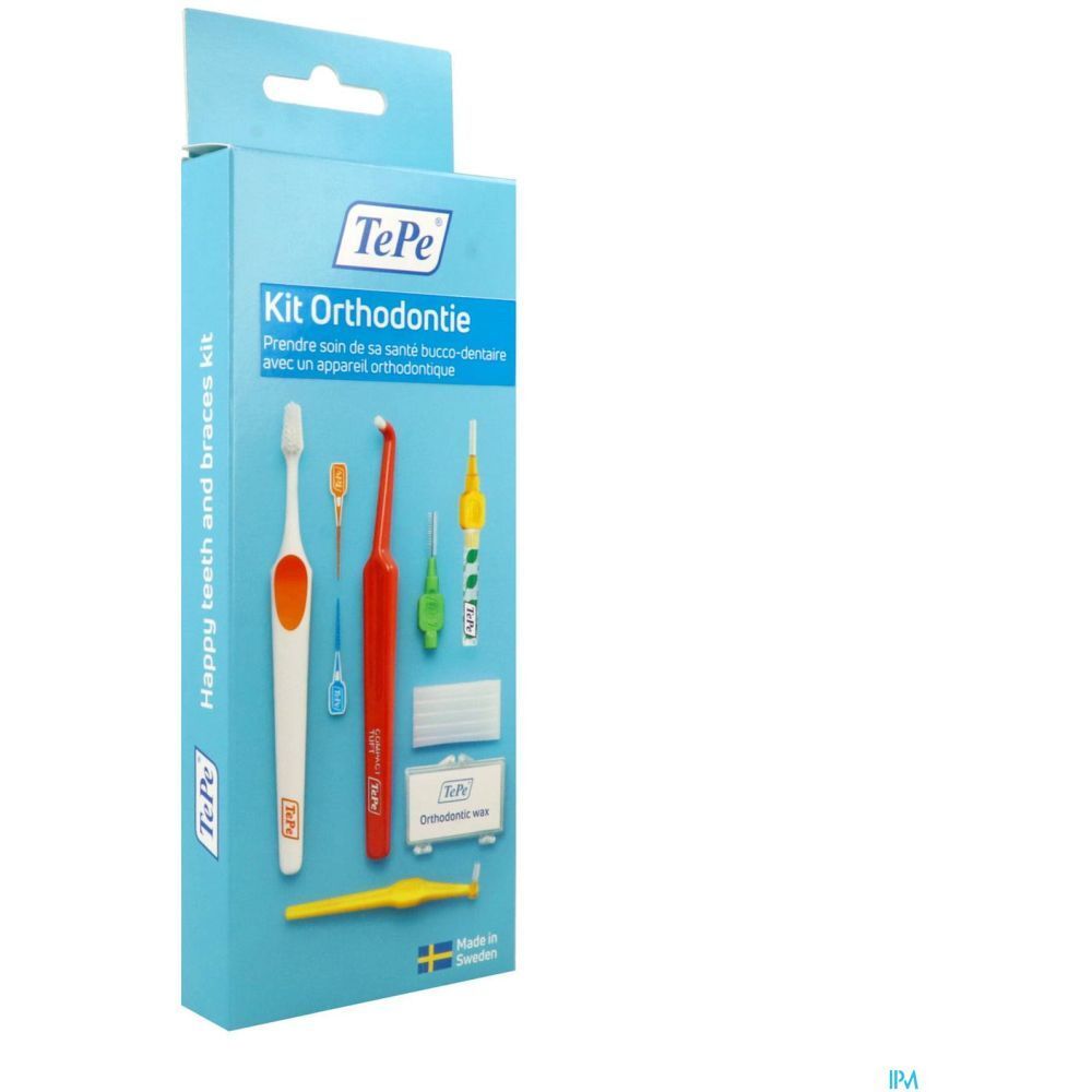 Kit d'orthodontie TePe dans une boîte bleue. Contient brosse à dents, brossettes, fil dentaire et cire.