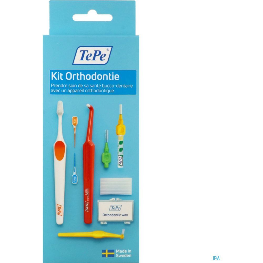 Kit d'orthodontie TePe dans une boîte bleue. Contient brosse à dents, brossettes, fil dentaire et cire.
