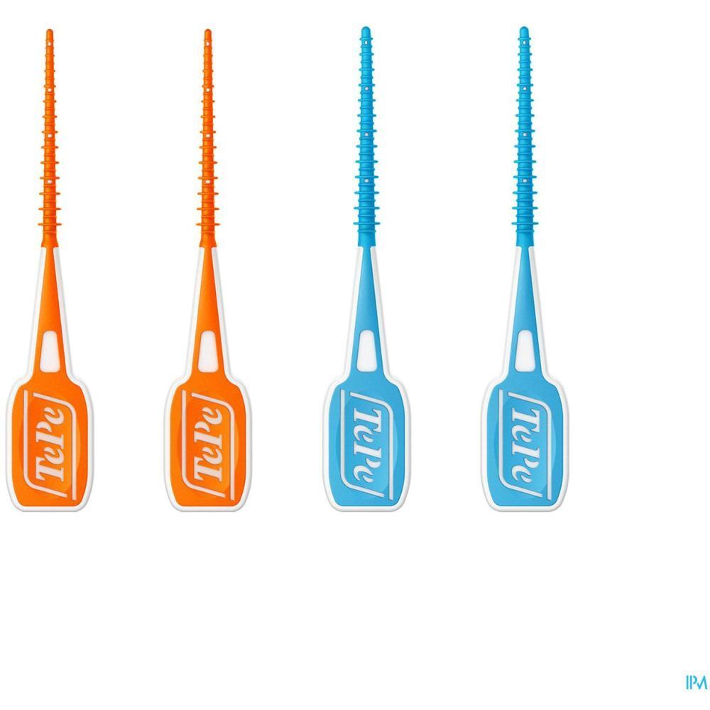 Brossettes interdentaires avec manches orange et bleu. Soies orange et bleu.