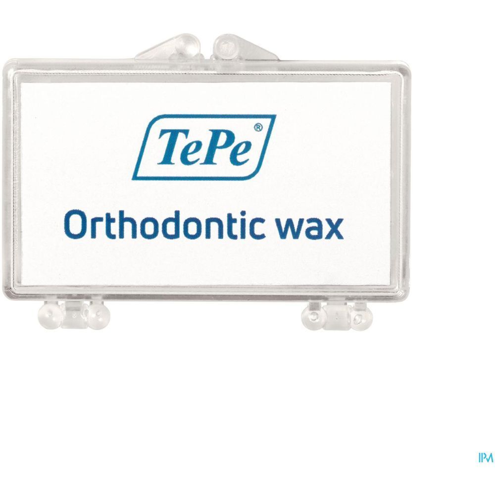 Boîte transparente avec 'Orthodontic wax' de TePe. Contient de la cire orthodontique.