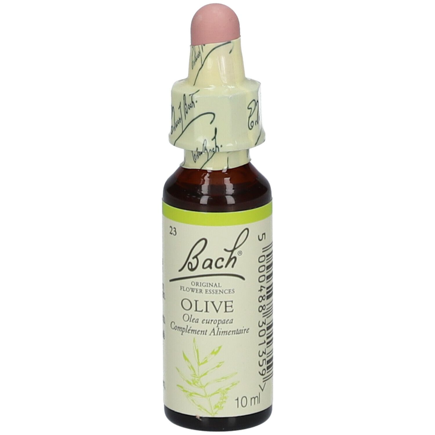 Braune Glasflasche mit gelb-weißem Etikett. Beschriftung: Bach Original Flower Essences Olive. Mit Tropfverschluss und Papierbanderole.