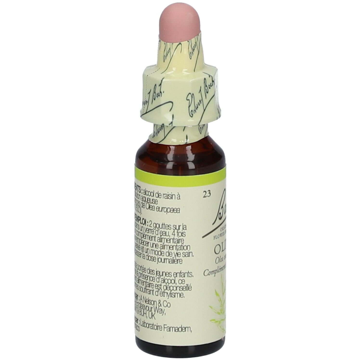 Braune Glasflasche mit gelb-weißem Etikett. Beschriftung: Bach Original Flower Essences Olive. Mit Tropfverschluss und Papierbanderole. Text in Französisch.