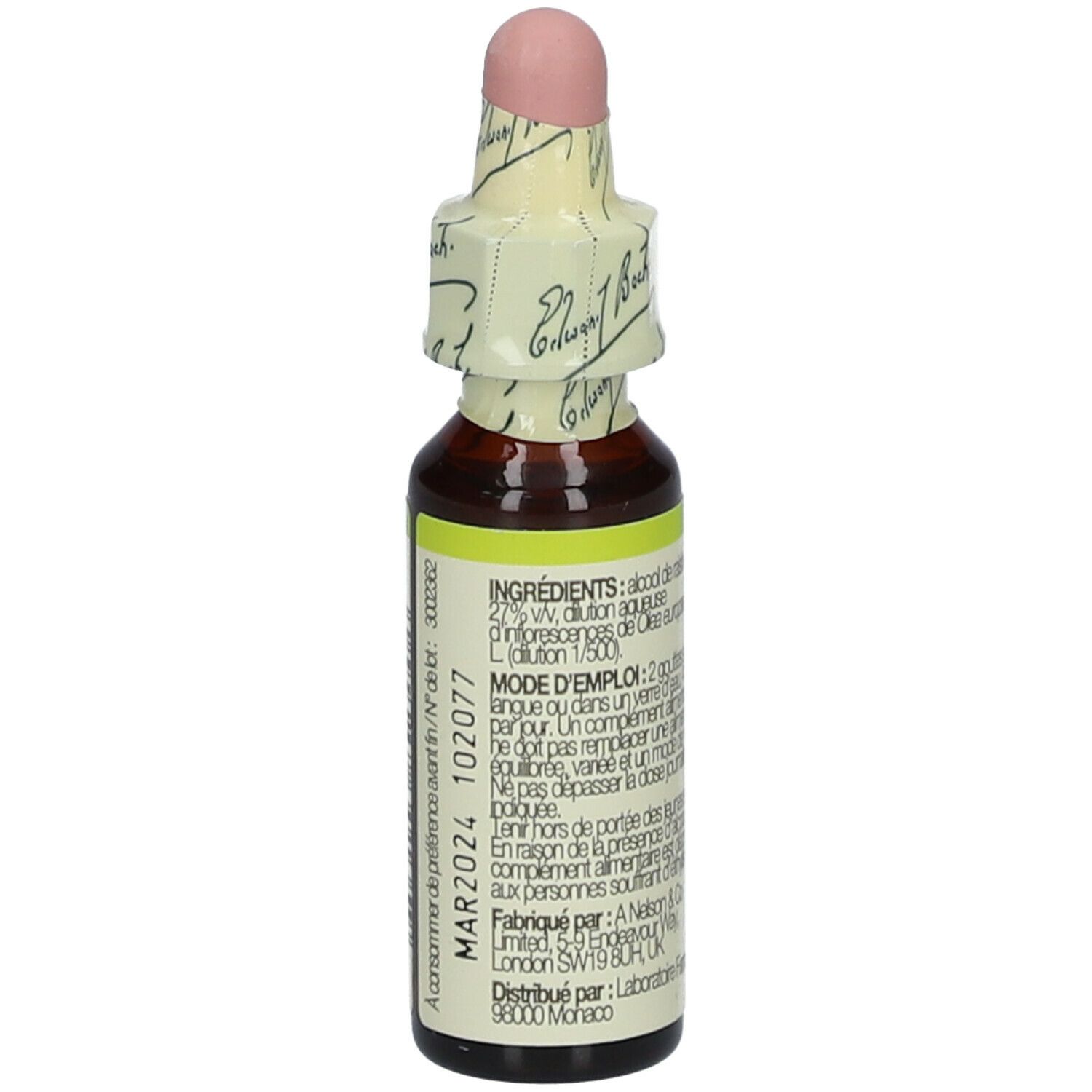 Braune Glasflasche mit gelb-weißem Etikett. Beschriftung: Bach Original Flower Essences Olive. Mit Tropfverschluss und Papierbanderole. Text in Französisch.