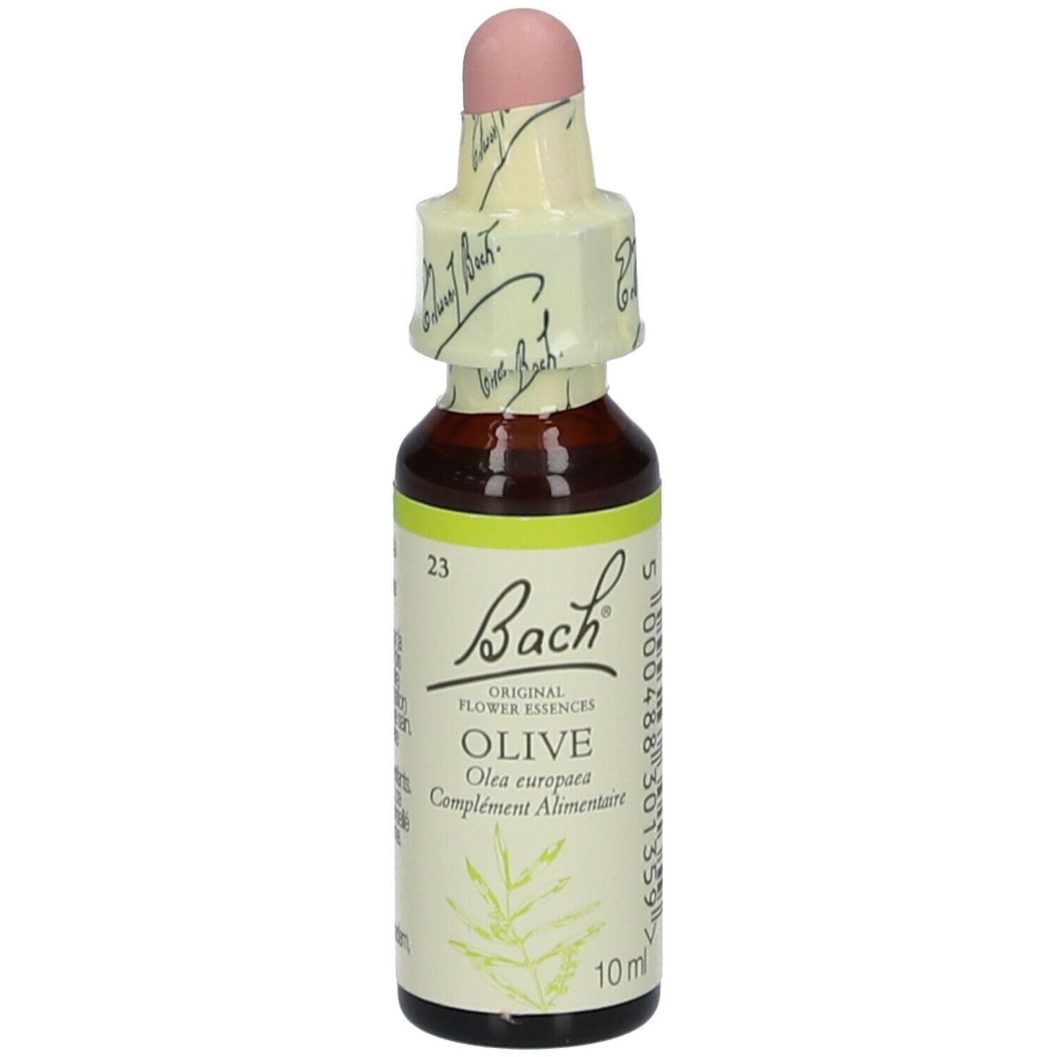Braune Glasflasche mit gelb-weißem Etikett. Beschriftung: Bach Original Flower Essences Olive. Mit Tropfverschluss und Papierbanderole.