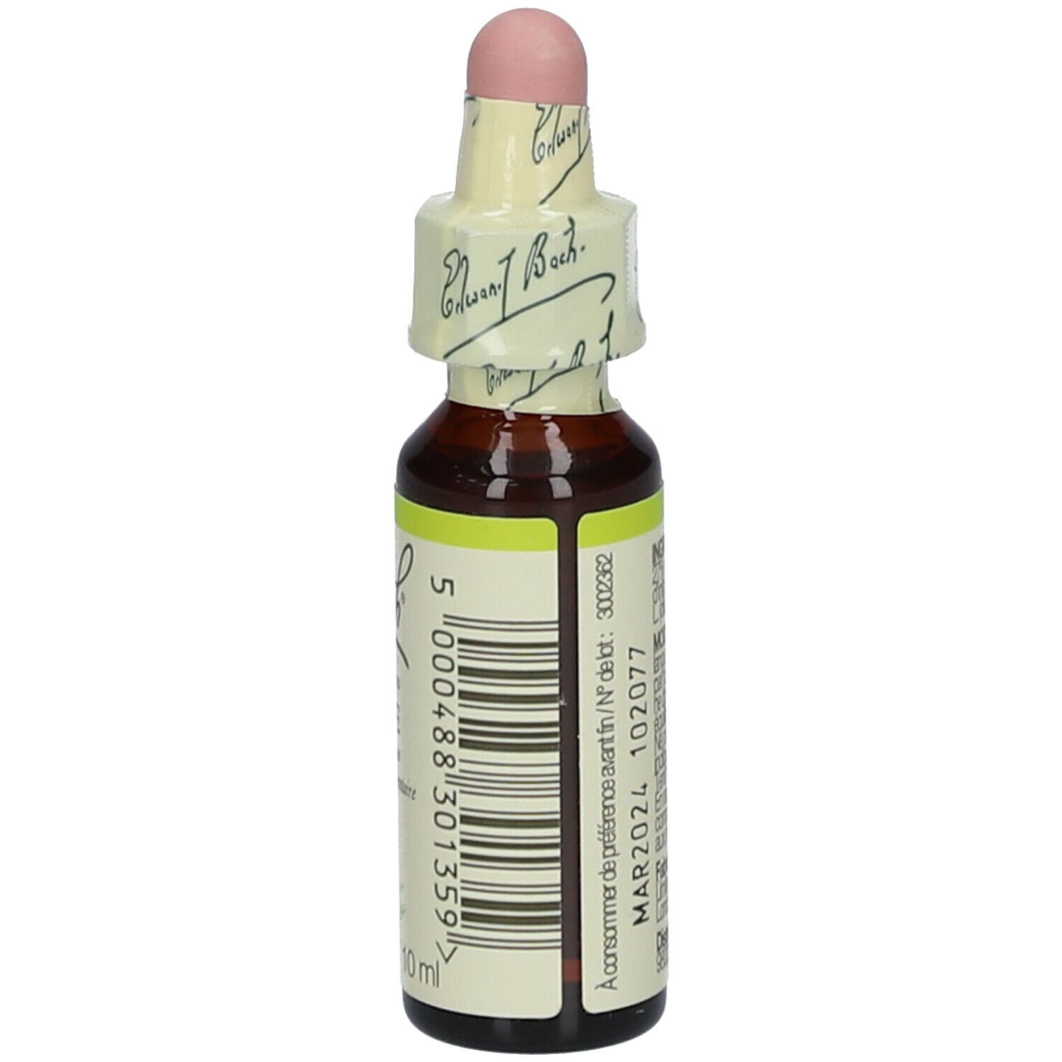 Braune Glasflasche mit gelb-weißem Etikett. Beschriftung: Bach Original Flower Essences Olive. Mit Tropfverschluss und Papierbanderole. Text in Französisch.