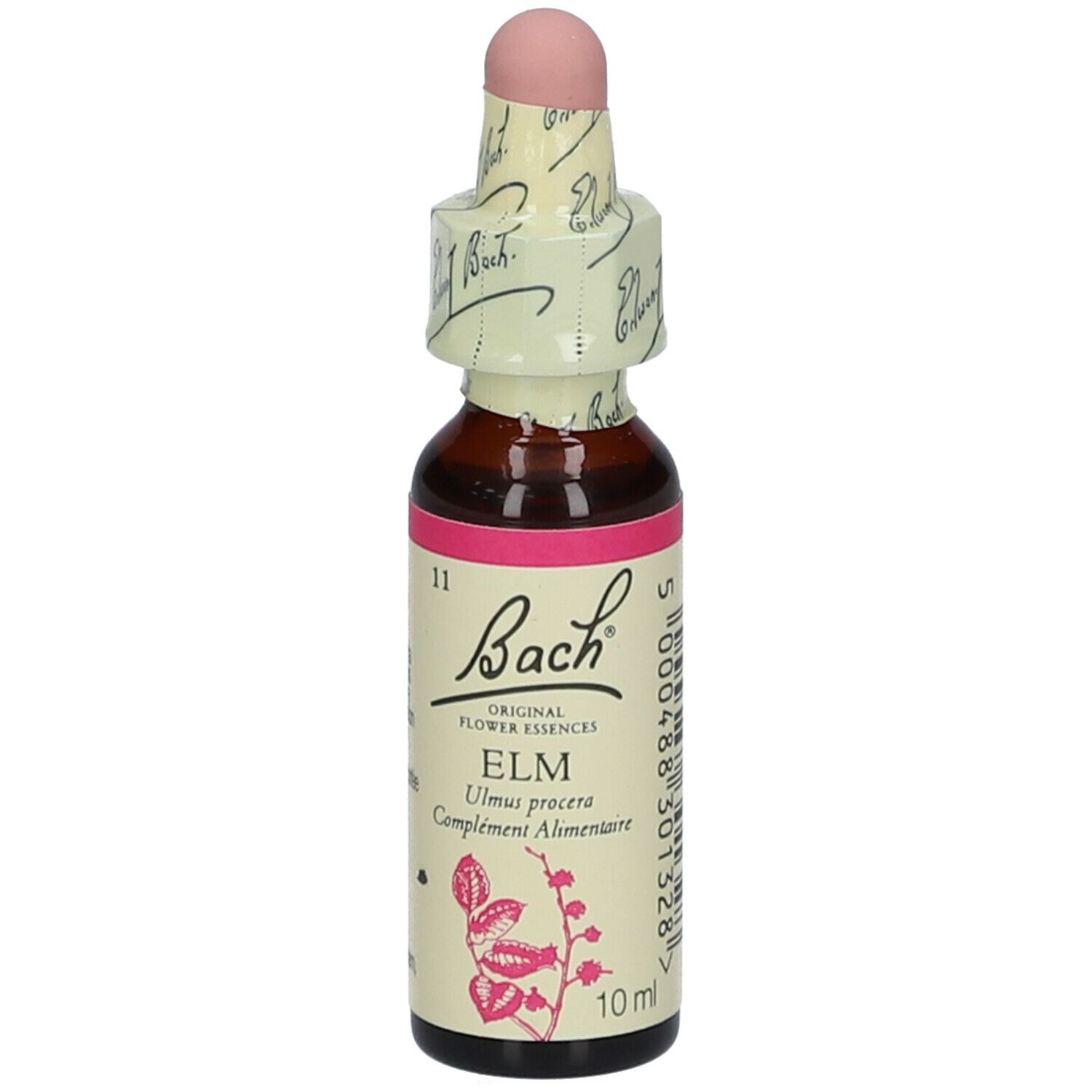 Flacon en verre brun avec bouchon rose. Étiquette "Bach" et "ELM". 10 ml.