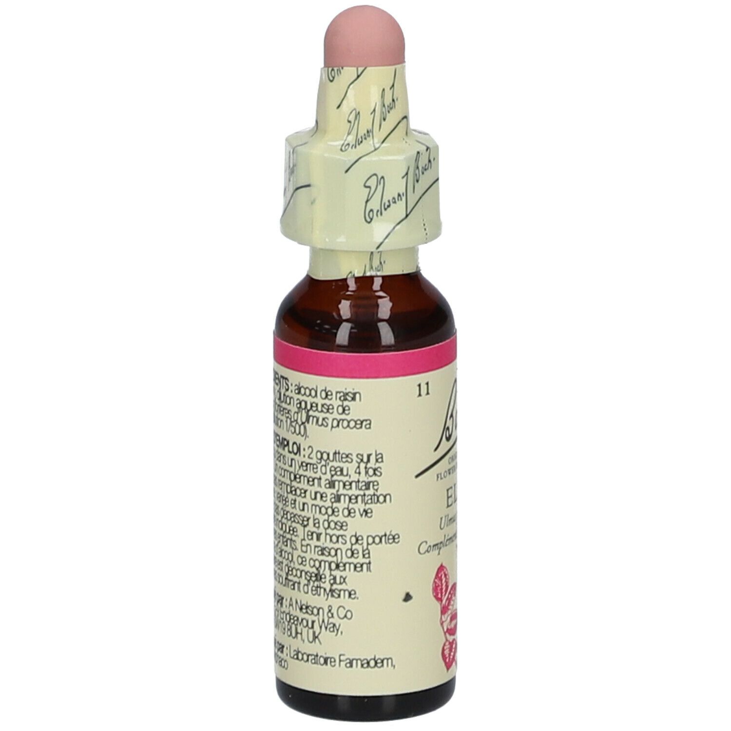 Vue arrière du flacon en verre brun avec bouchon rose. Étiquette avec texte et ingrédients.