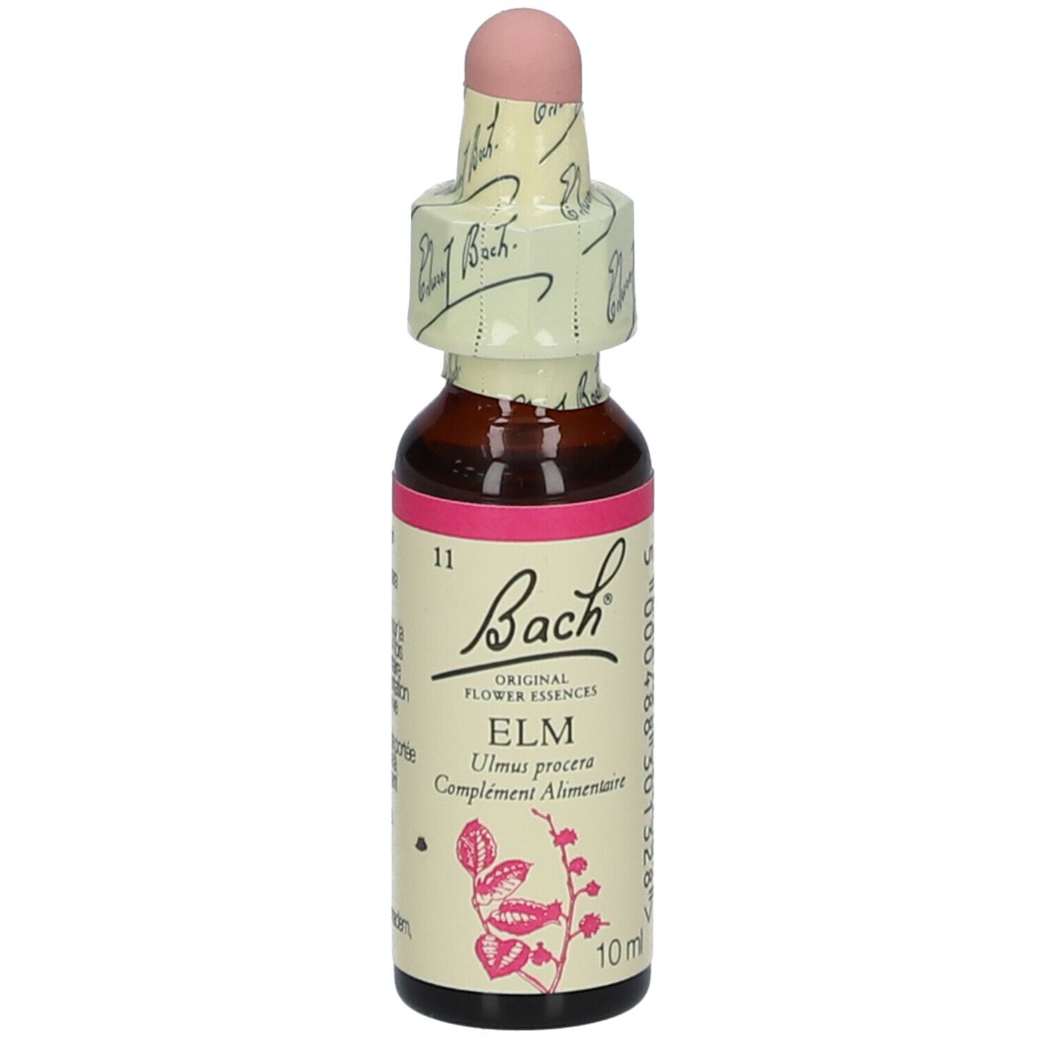 Flacon en verre brun avec bouchon rose. Étiquette "Bach" et "ELM". 10 ml.