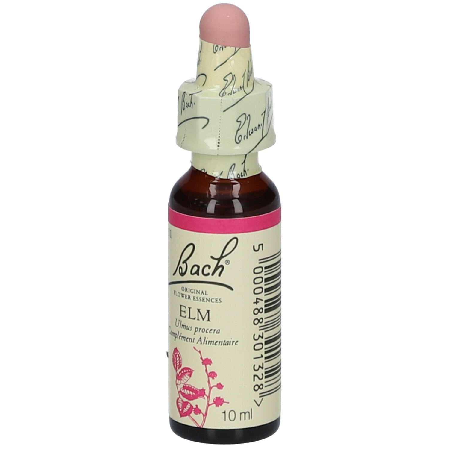 Flacon en verre brun avec bouchon rose. Étiquette "Bach" et "ELM". 10 ml.