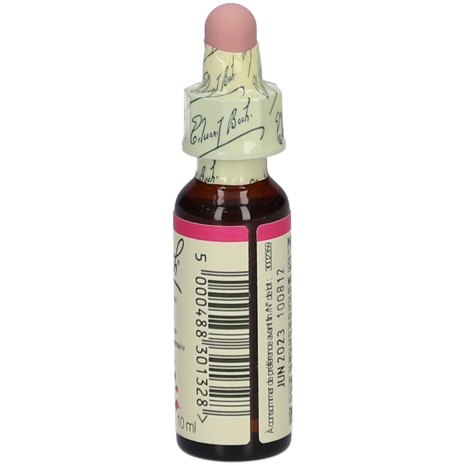 Flacon en verre brun avec bouchon rose. Étiquette avec texte et code-barres. 10 ml.