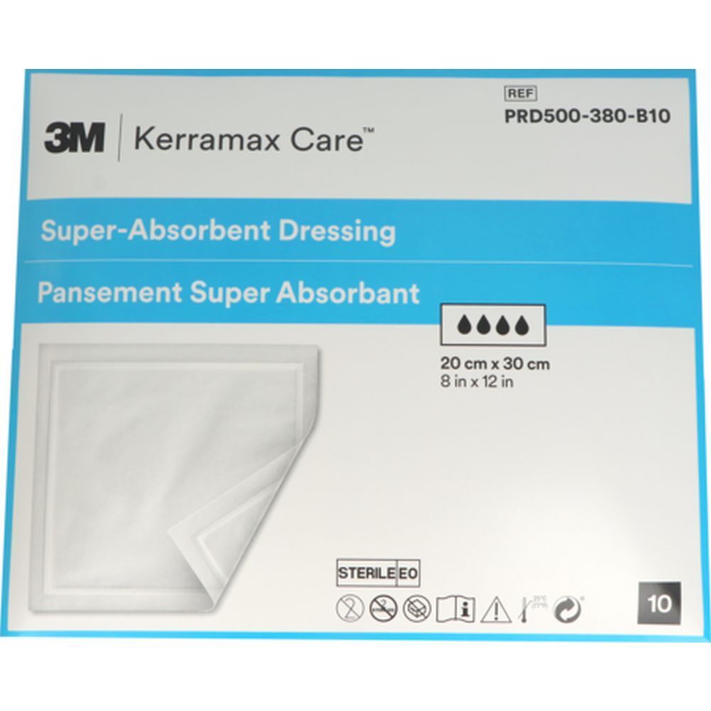Verpakking van 3M™ Kerramax Care™ superabsorberend verband. Afmeting: 20 x 30 cm. Steriel.
