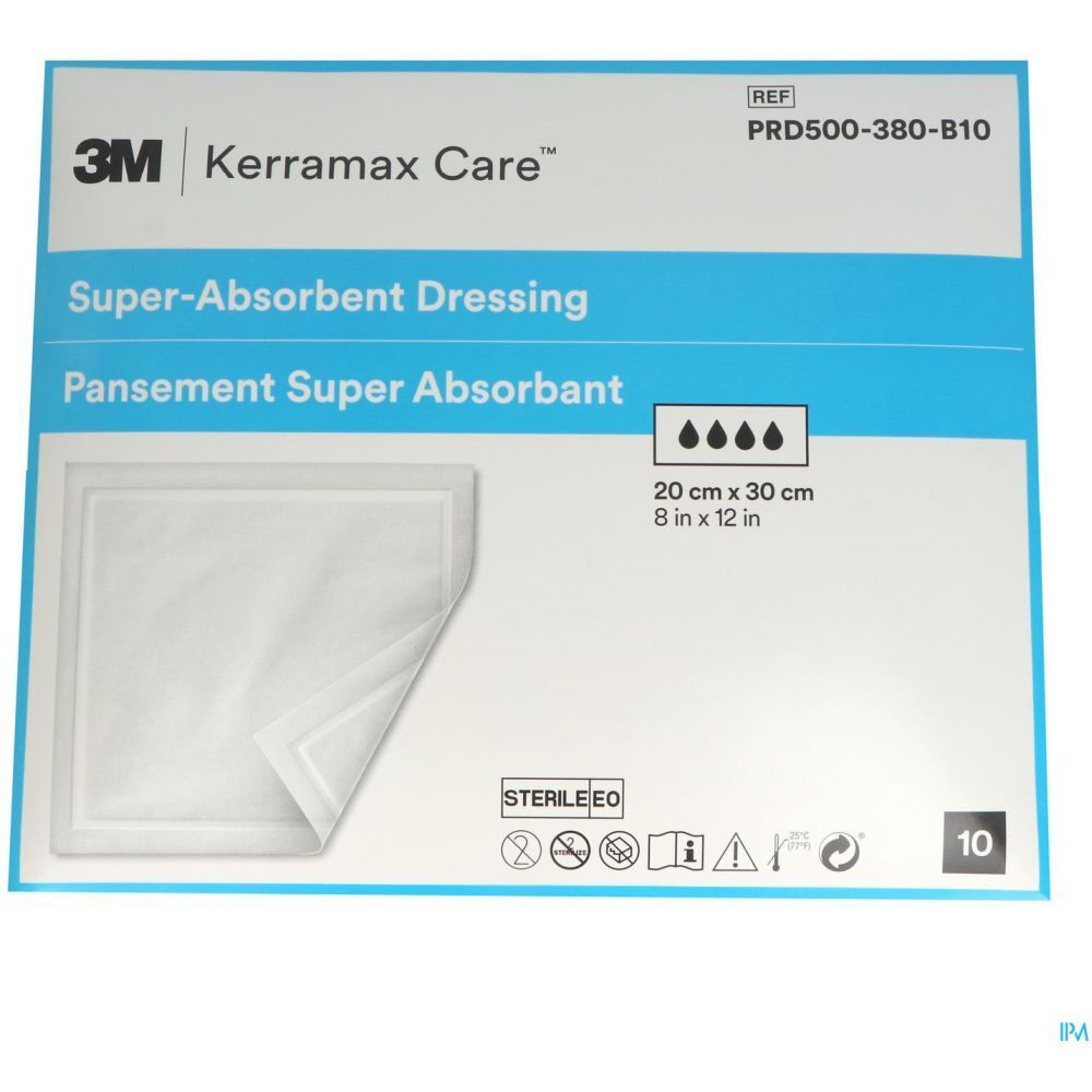 Verpakking van 3M™ Kerramax Care™ superabsorberend verband. Afmeting: 20 x 30 cm. Steriel.
