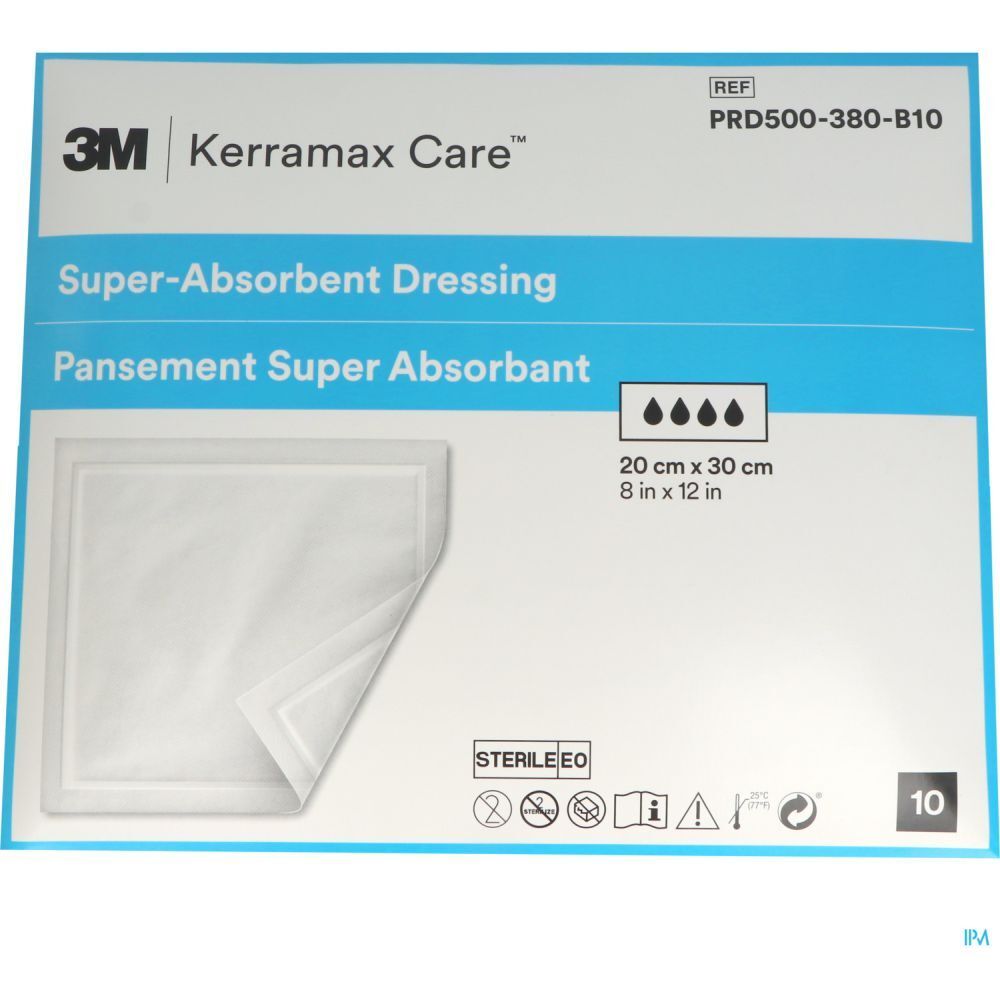 Verpakking van 3M™ Kerramax Care™ superabsorberend verband. Afmeting: 20 x 30 cm. Steriel.