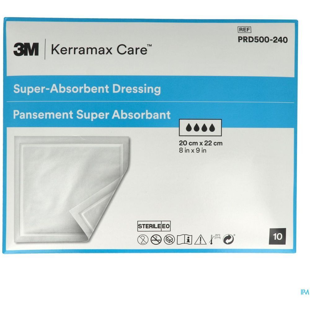 3M Kerramax Care superabsorberend verband. Verpakking met verband, 20 x 22 cm. Steriel. 10 stuks. Productinformatie.