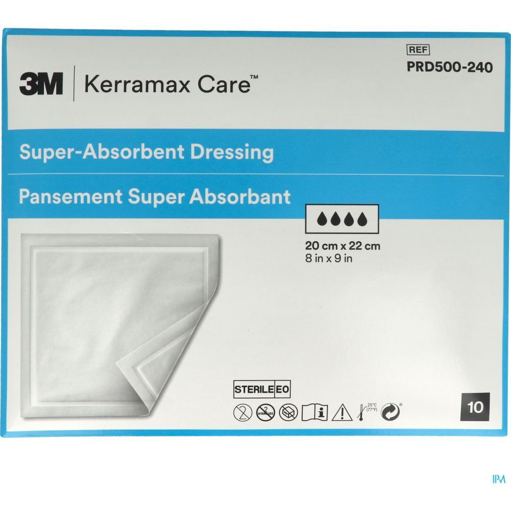 3M Kerramax Care superabsorberend verband. Verpakking met verband, 20 x 22 cm. Steriel. 10 stuks. Productinformatie.