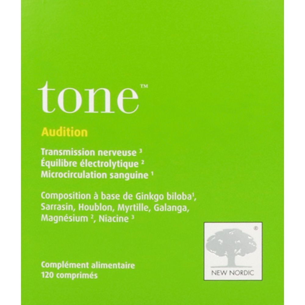 Boîte verte "tone Audition". Ingrédients et texte. Logo New Nordic. Complément alimentaire, 120 comprimés.