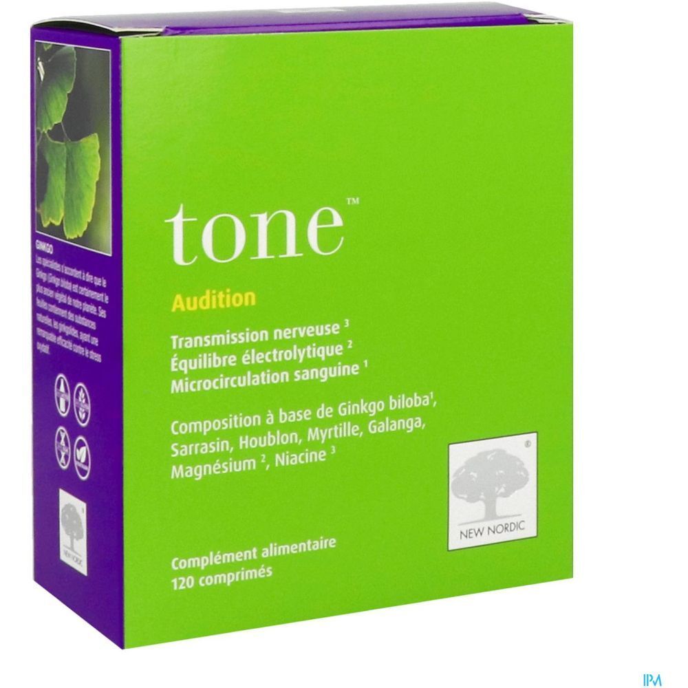 Boîte verte "tone Audition". Texte et logo New Nordic. 120 comprimés. Vue en perspective.