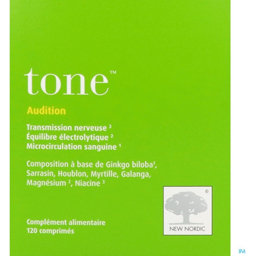 Boîte verte "tone Audition". Ingrédients et texte. Logo New Nordic. Complément alimentaire, 120 comprimés.