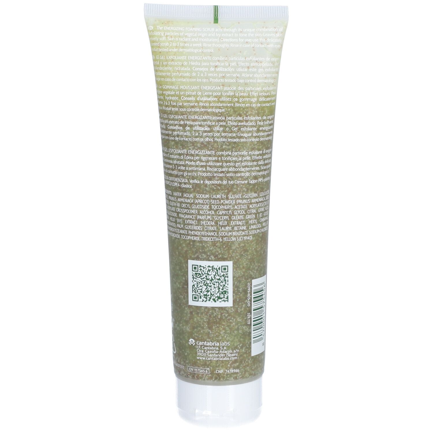 Dos d'un tube vert avec bouchon blanc. Texte et code QR. Contenu visible.