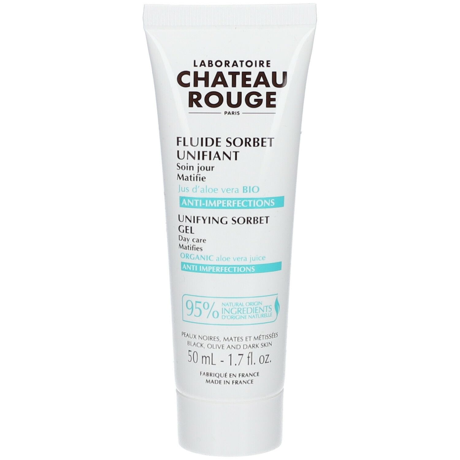 Tube blanc avec texte. Nom du produit et ingrédients en turquoise. 95% ingrédients naturels.