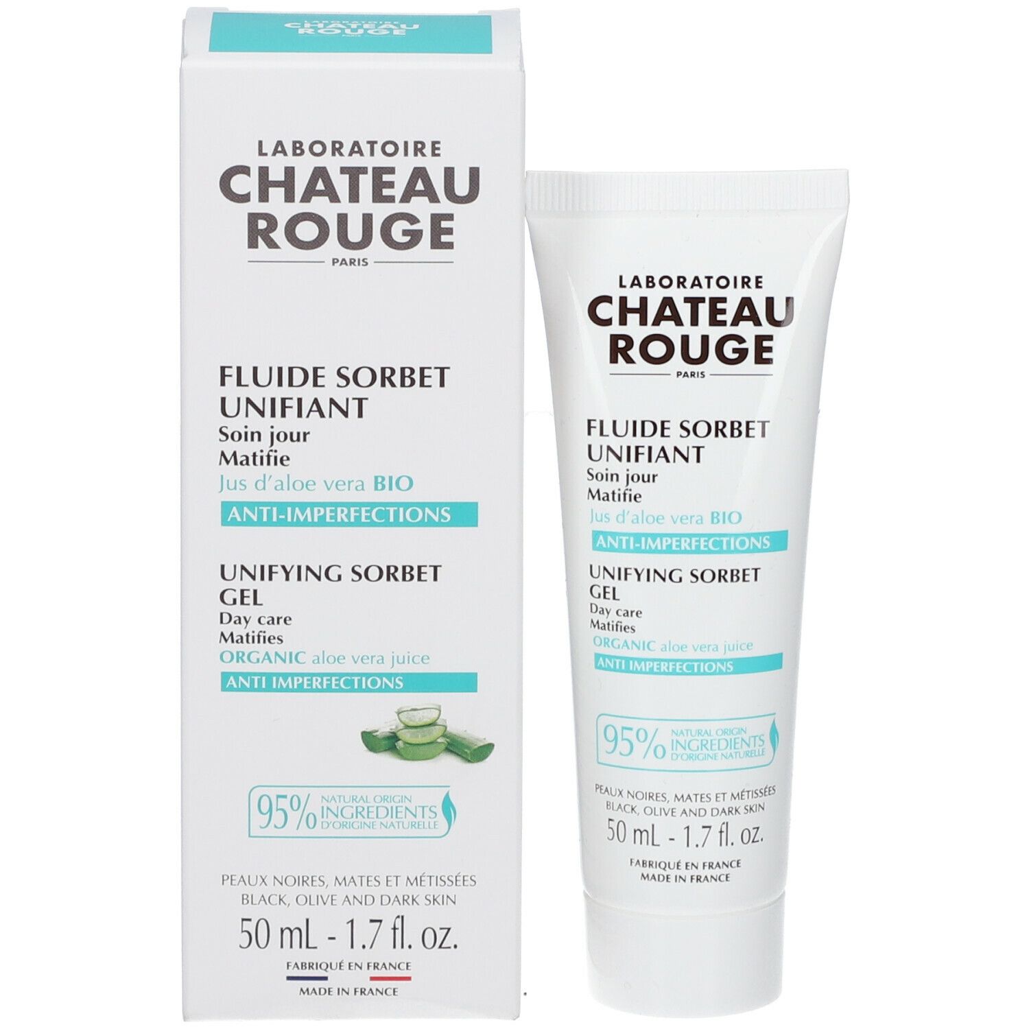 Emballage du produit avec tube et boîte. Turquoise et blanc. Nom du produit et ingrédients.