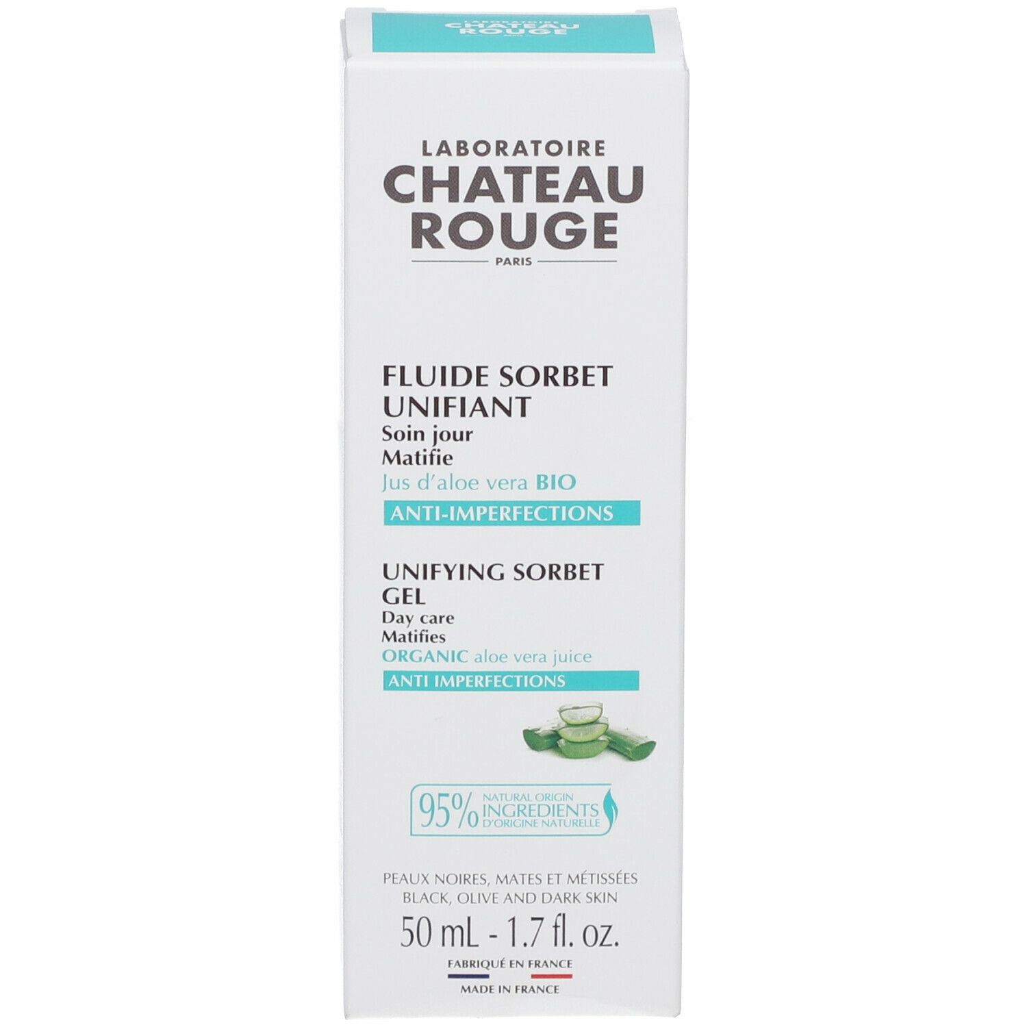 Boîte blanche avec accents turquoise. Nom du produit et ingrédients. Illustration d'aloe vera.