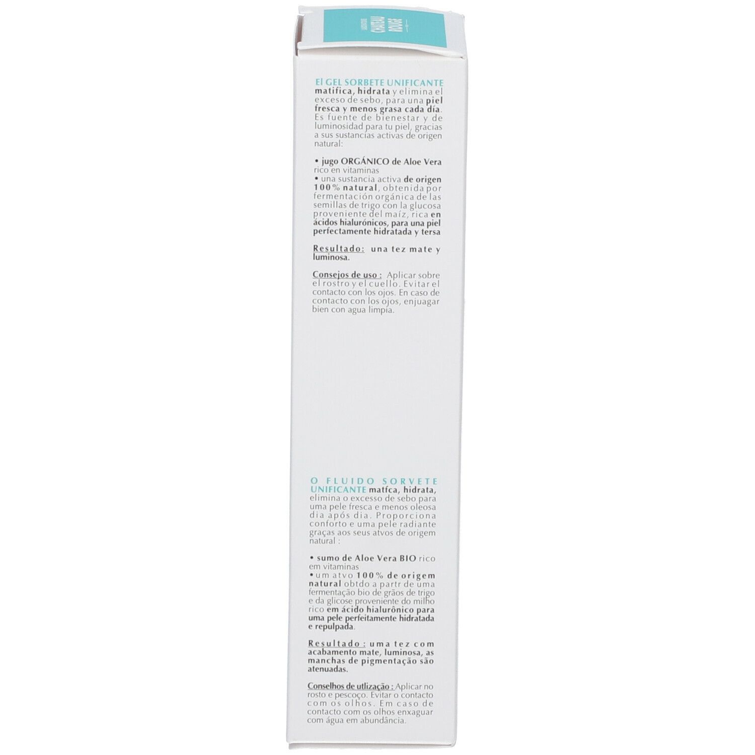 Côté de la boîte. Texte en espagnol. Informations sur le produit et instructions d'utilisation.