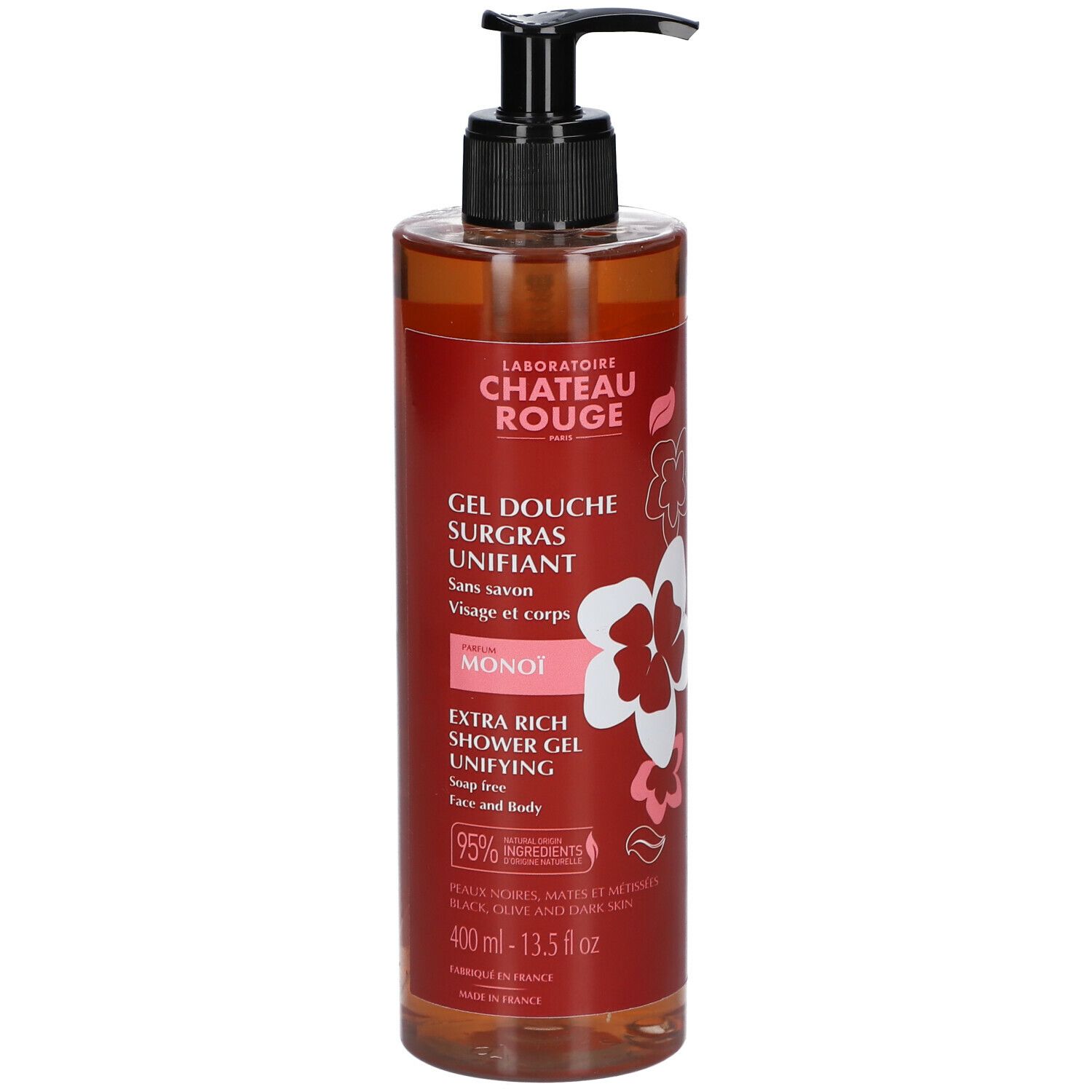 Flacon marron avec pompe noire. Inscription: Château Rouge, Gel Douche Surgras Unifiant Monoï. 400 ml.