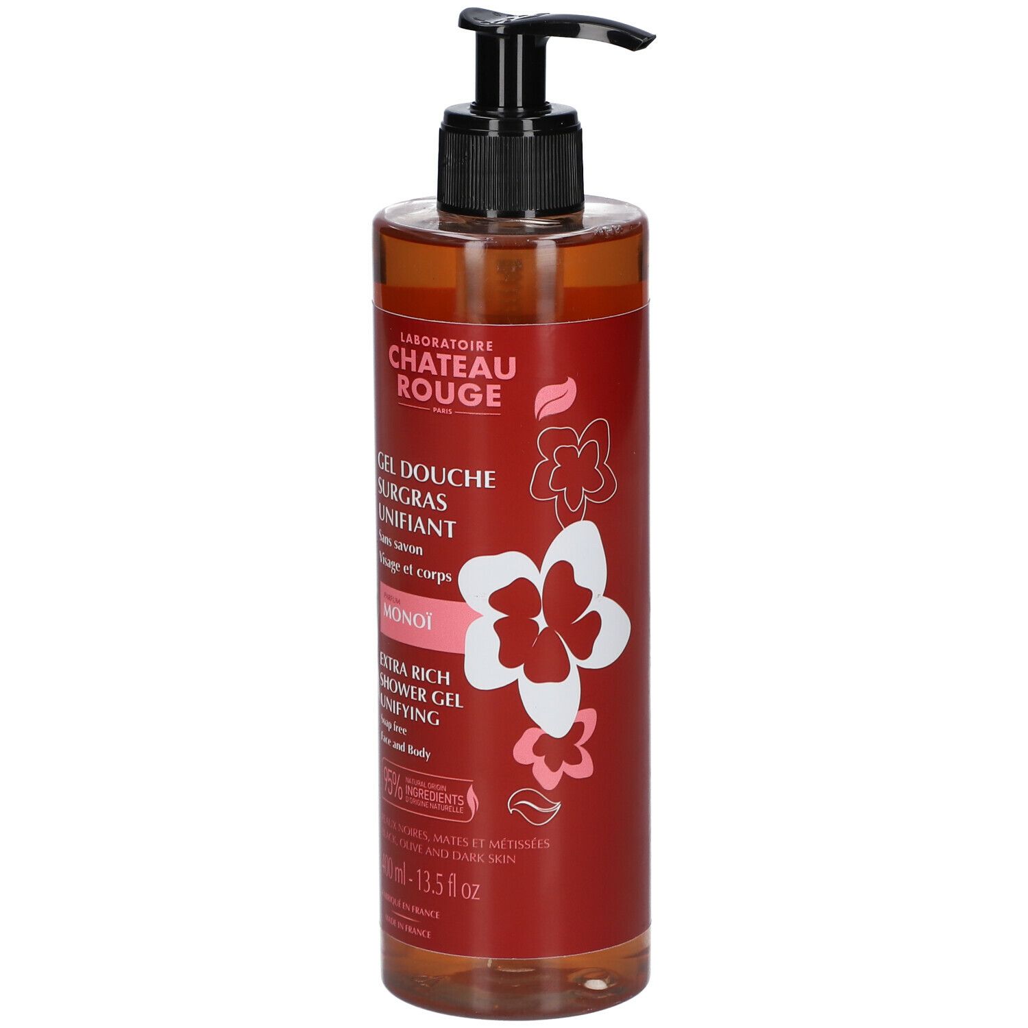 Flacon marron avec pompe noire. Inscription: Château Rouge, Gel Douche Surgras Unifiant Monoï. 400 ml.