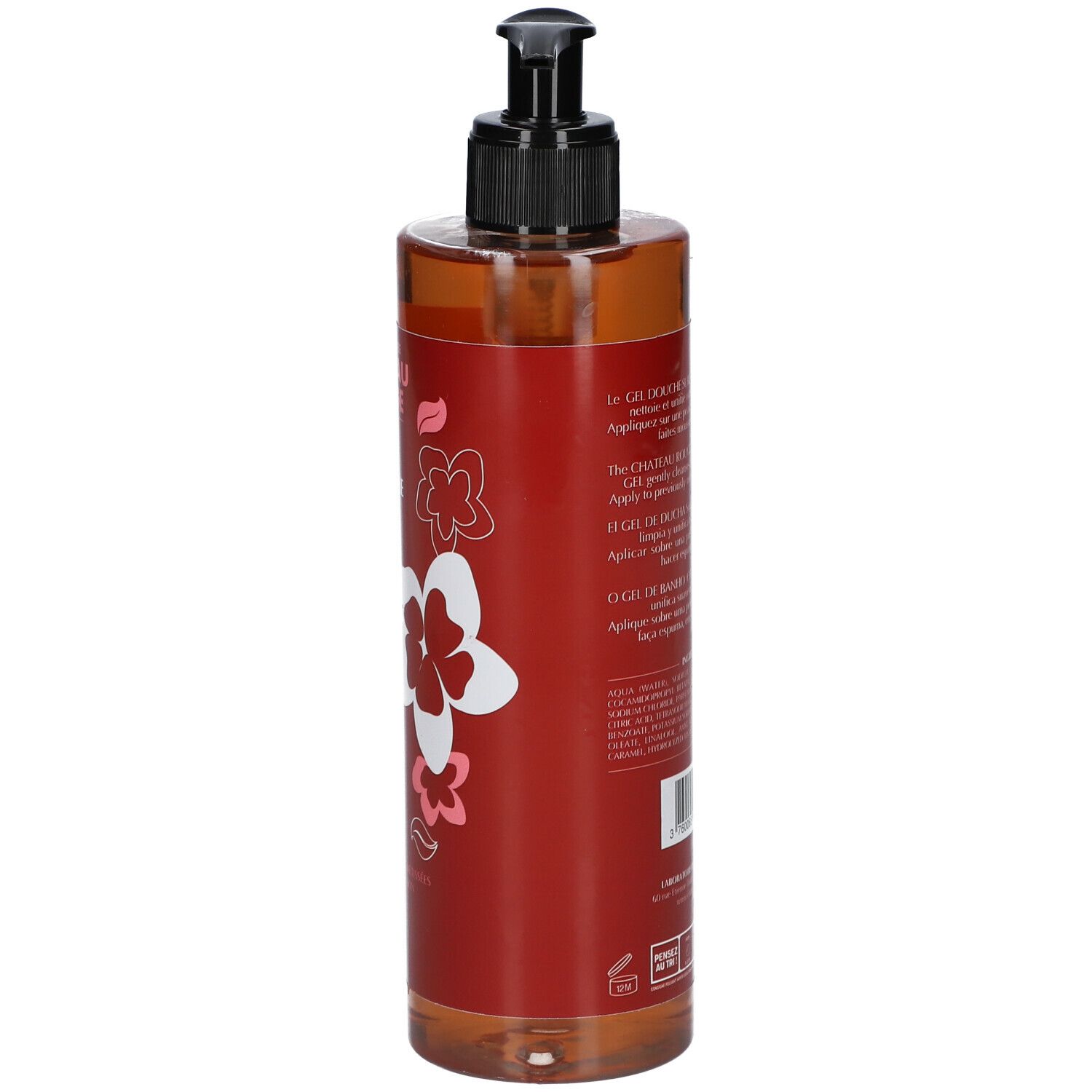 Flacon marron avec pompe noire. Dos avec texte. Château Rouge, Gel Douche Surgras Unifiant Monoï.