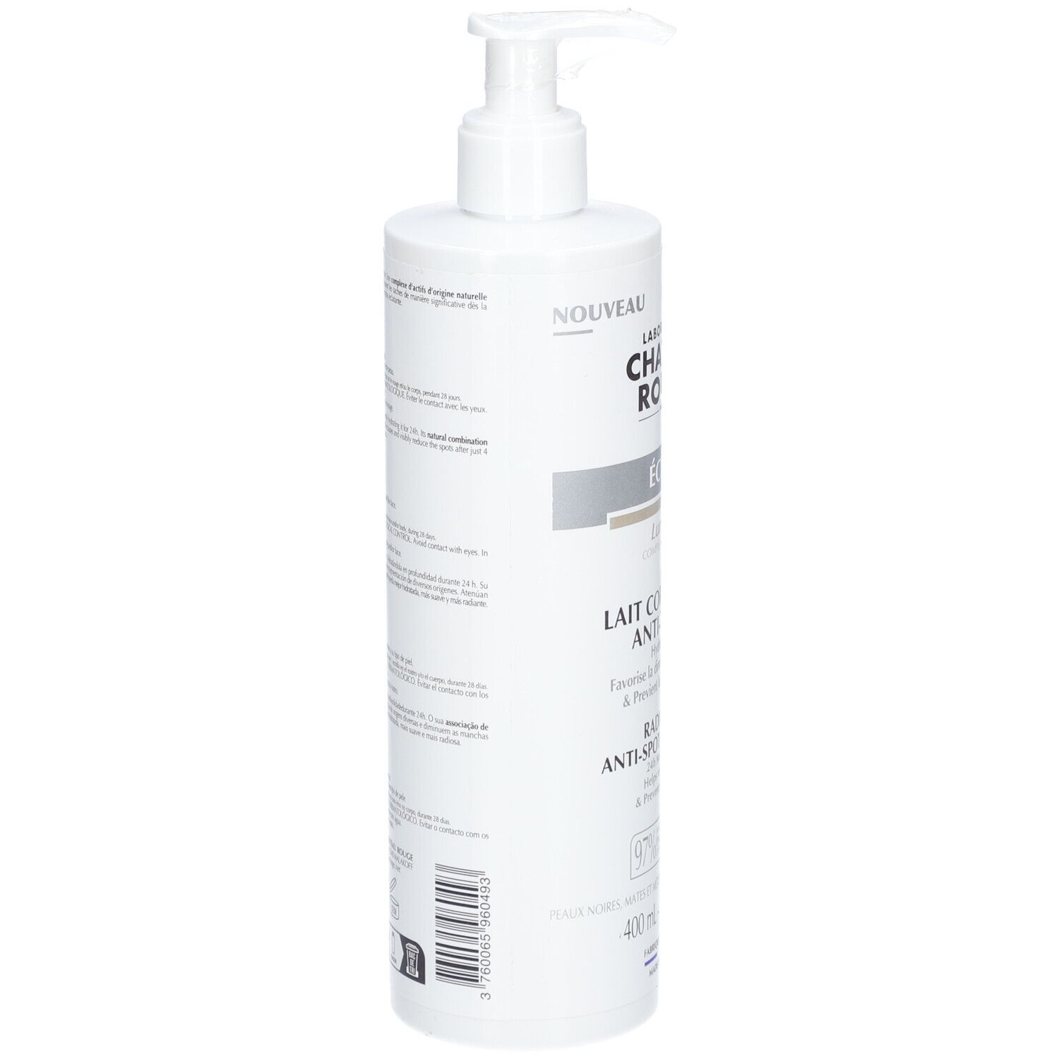 Flacon blanc avec pompe doseuse. Inscriptions et texte au dos. Nom du produit: LABORATOIRE CHATEAU ROUGE ÉCLAT.