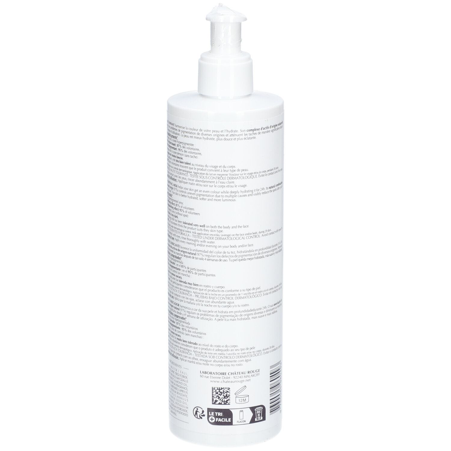 Flacon blanc avec pompe doseuse. Verso avec texte. Nom du produit: LABORATOIRE CHATEAU ROUGE ÉCLAT.