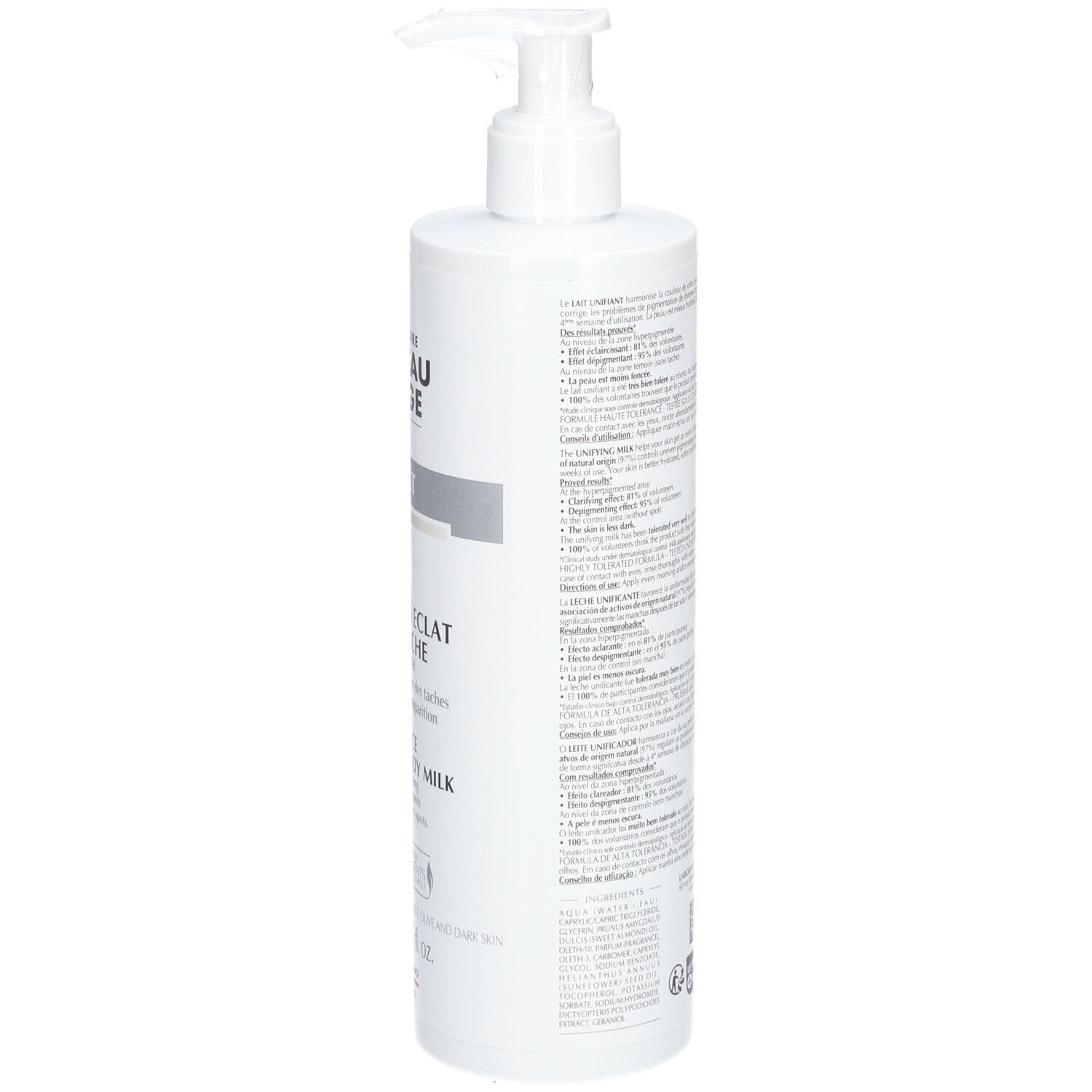 Flacon blanc avec pompe doseuse. Inscriptions et texte au dos. Nom du produit: LABORATOIRE CHATEAU ROUGE ÉCLAT.