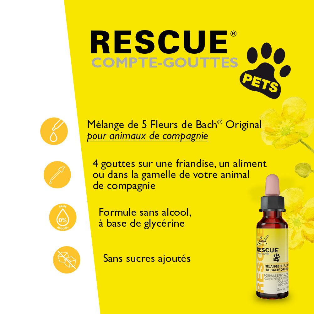 Gelber Hintergrund mit Text. Aufschrift: RESCUE Pets. Mischung aus 5 Bachblüten für Haustiere. Alkoholfreie Formel.