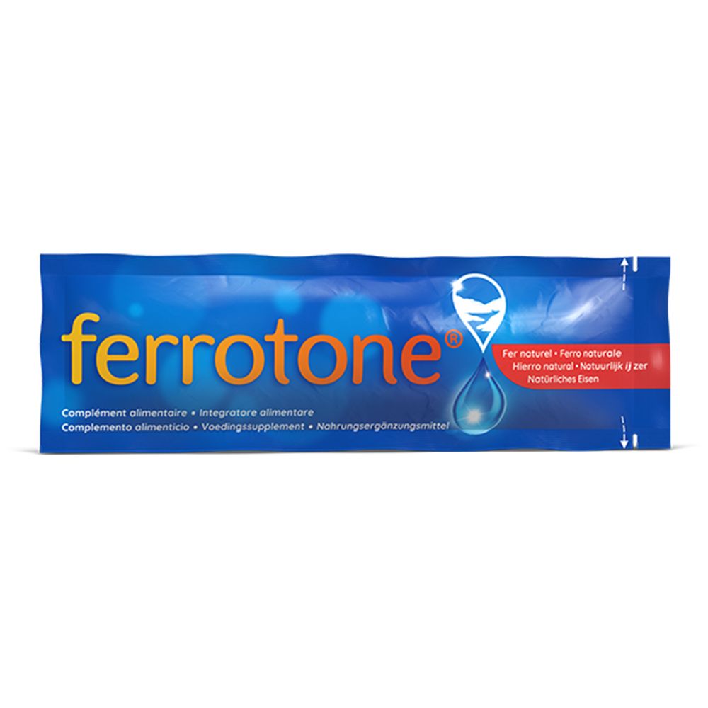 Blauer Beutel mit ferrotone® Original. Text: Fer natural, Nahrungsergänzungsmittel. Tropfen-Logo.