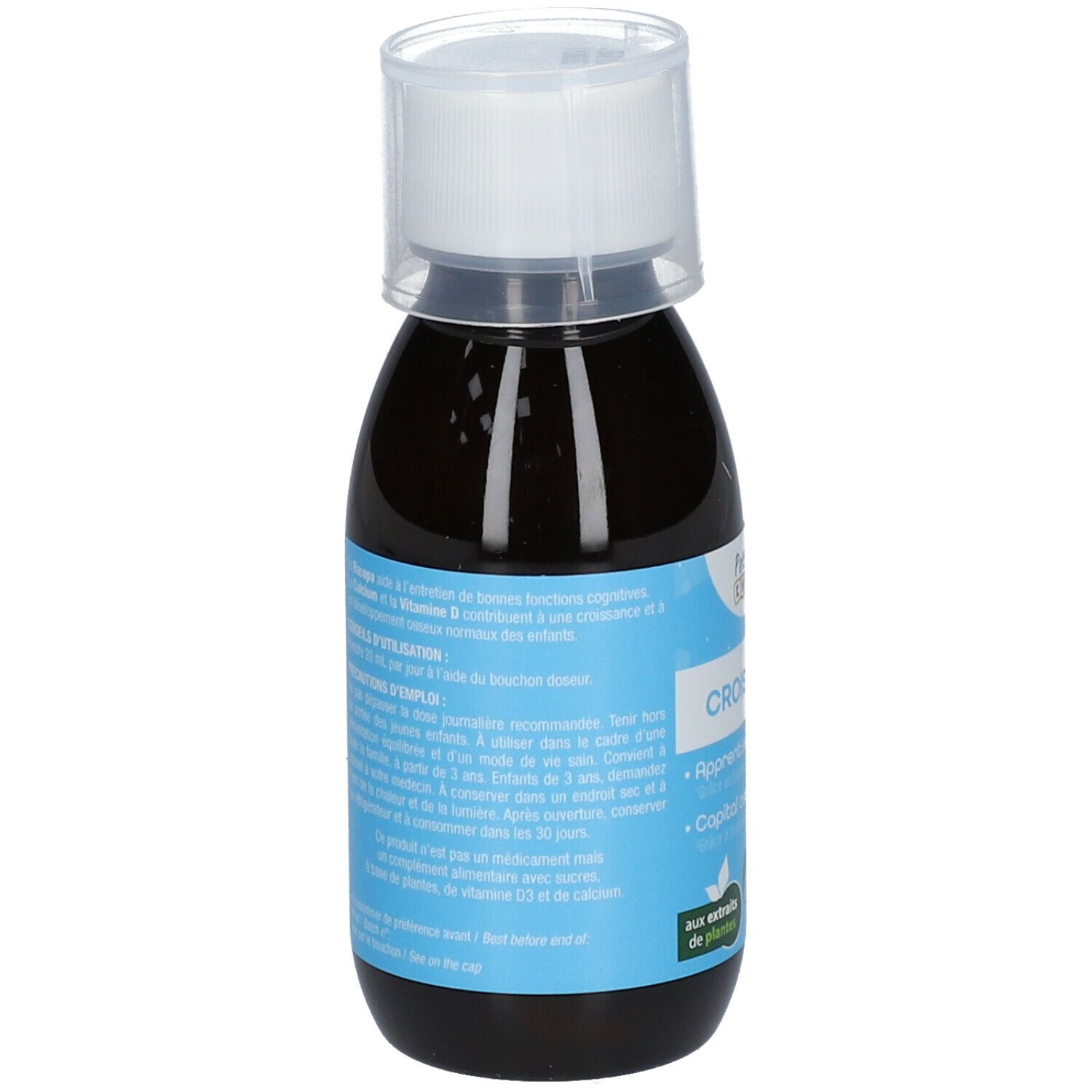 Braune Flüssigkeit in einer Flasche mit weißem Deckel. Aufkleber mit Text und Informationen zur Anwendung.