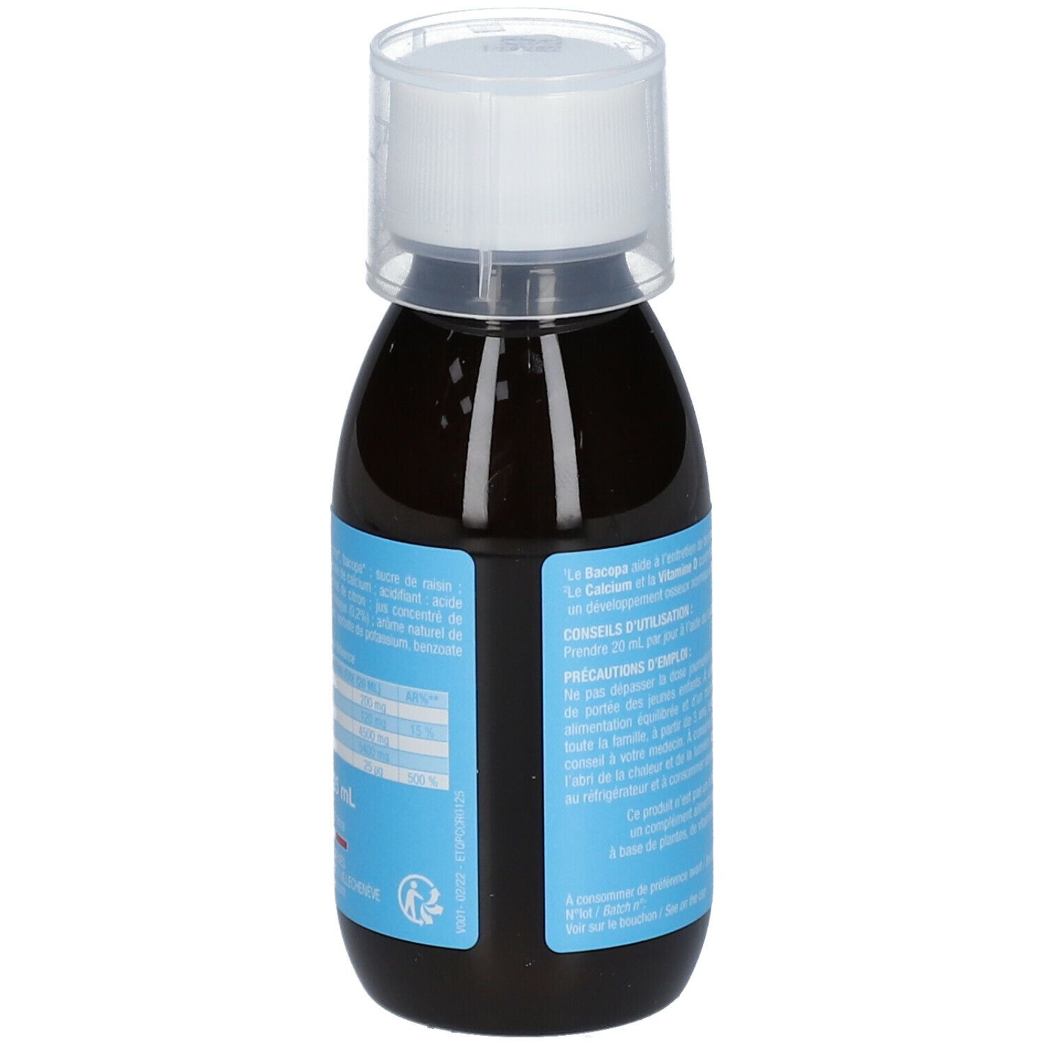 Braune Flüssigkeit in einer Flasche mit weißem Deckel. Aufkleber mit Text und Informationen zur Anwendung.