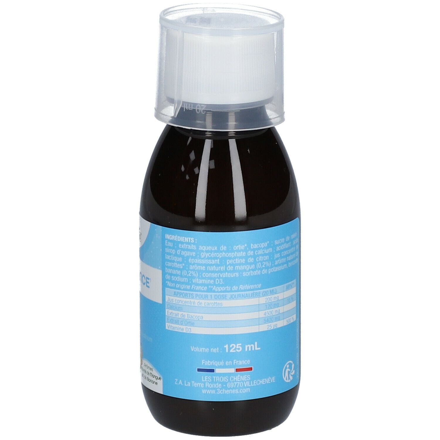 Braune Flüssigkeit in einer Flasche mit weißem Deckel. Aufkleber mit Text und Inhaltsangaben. Volumen: 125 ml.