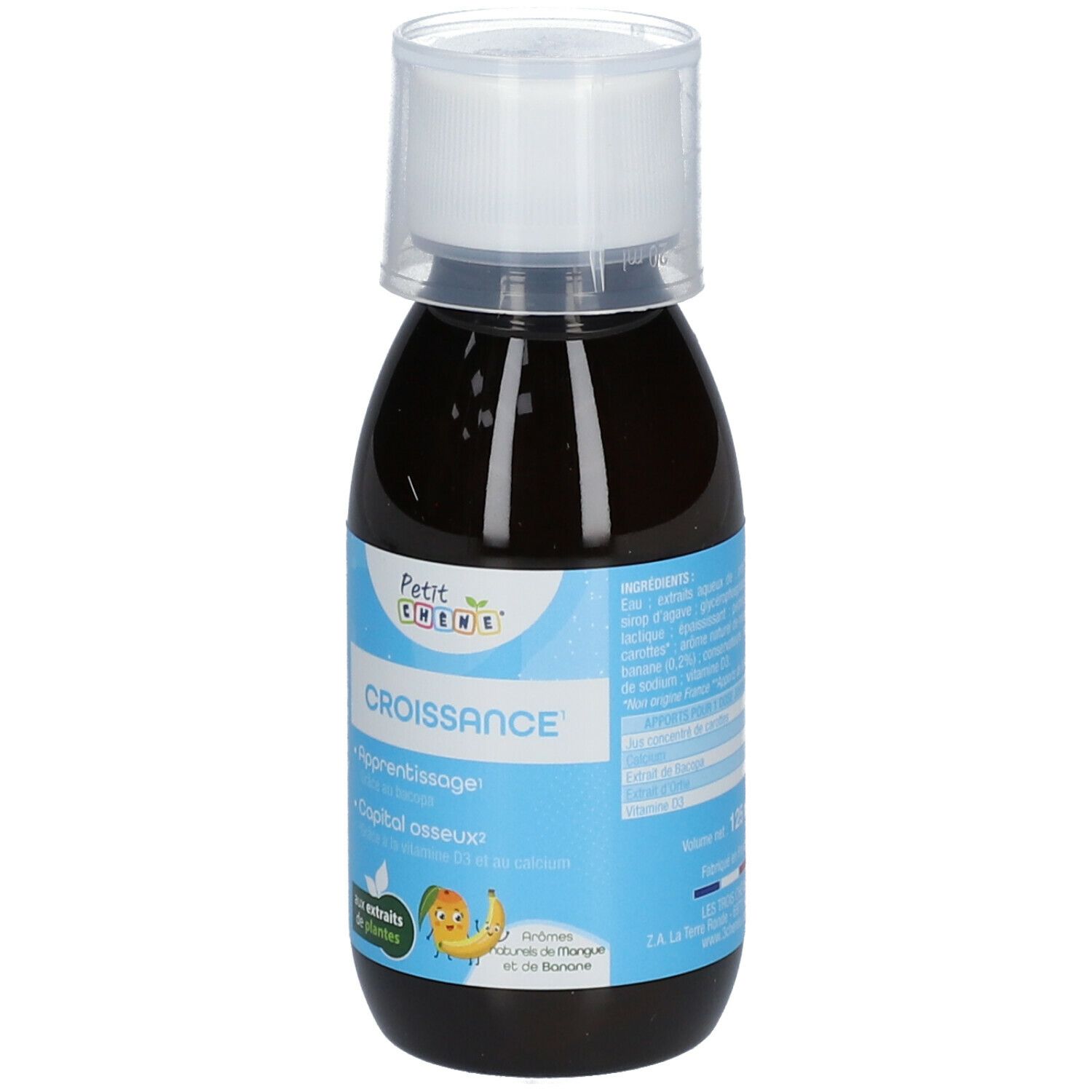 Braune Flüssigkeit in einer Flasche mit weißem Deckel. Aufkleber mit Text: CROISSANCE, Petit Chêne, mit Pflanzenextrakten.