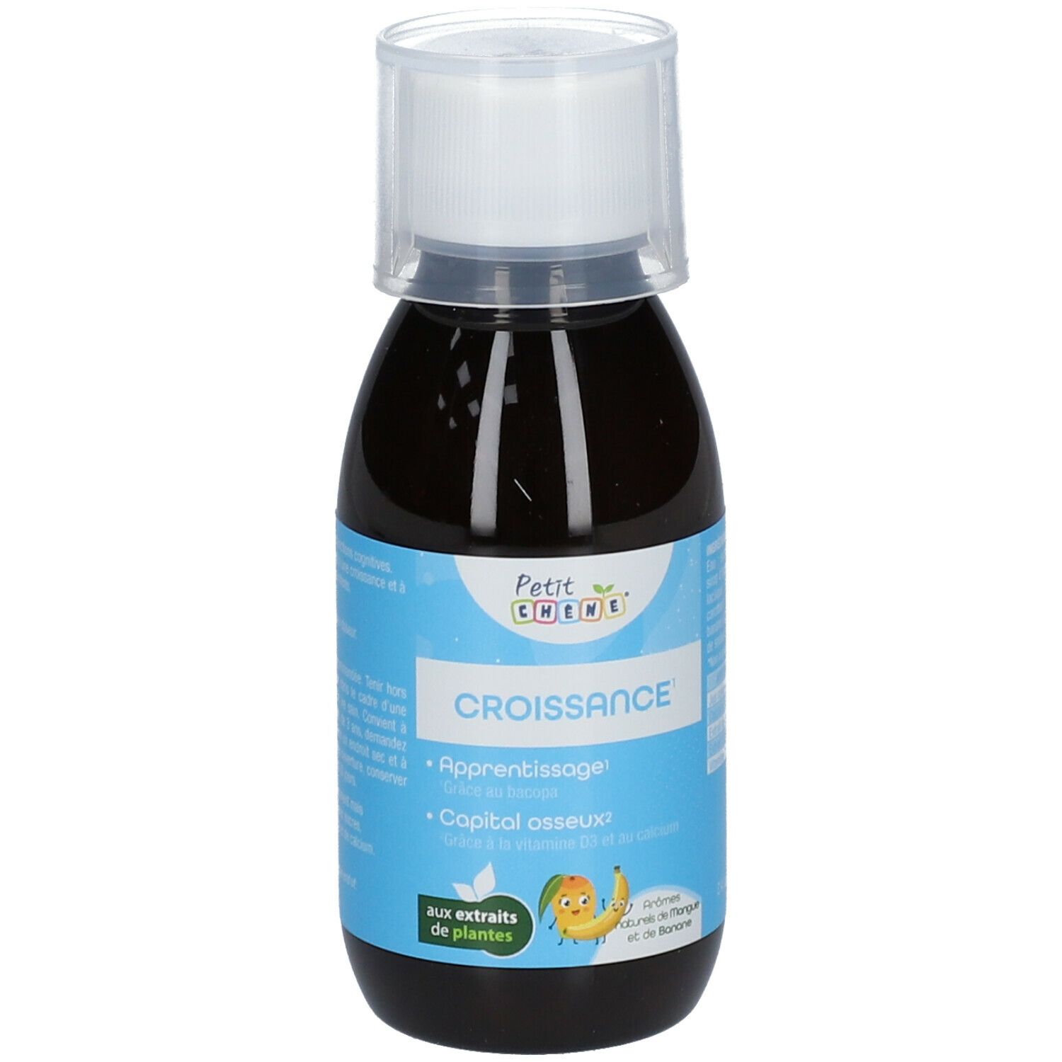 Braune Flüssigkeit in einer Flasche mit weißem Deckel. Aufkleber mit Text: CROISSANCE, Petit Chêne, mit Pflanzenextrakten.