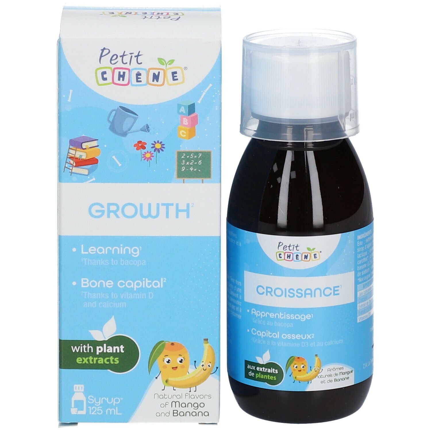 Flasche und Schachtel mit Text: GROWTH, Petit Chêne, mit Pflanzenextrakten. Flasche mit brauner Flüssigkeit.