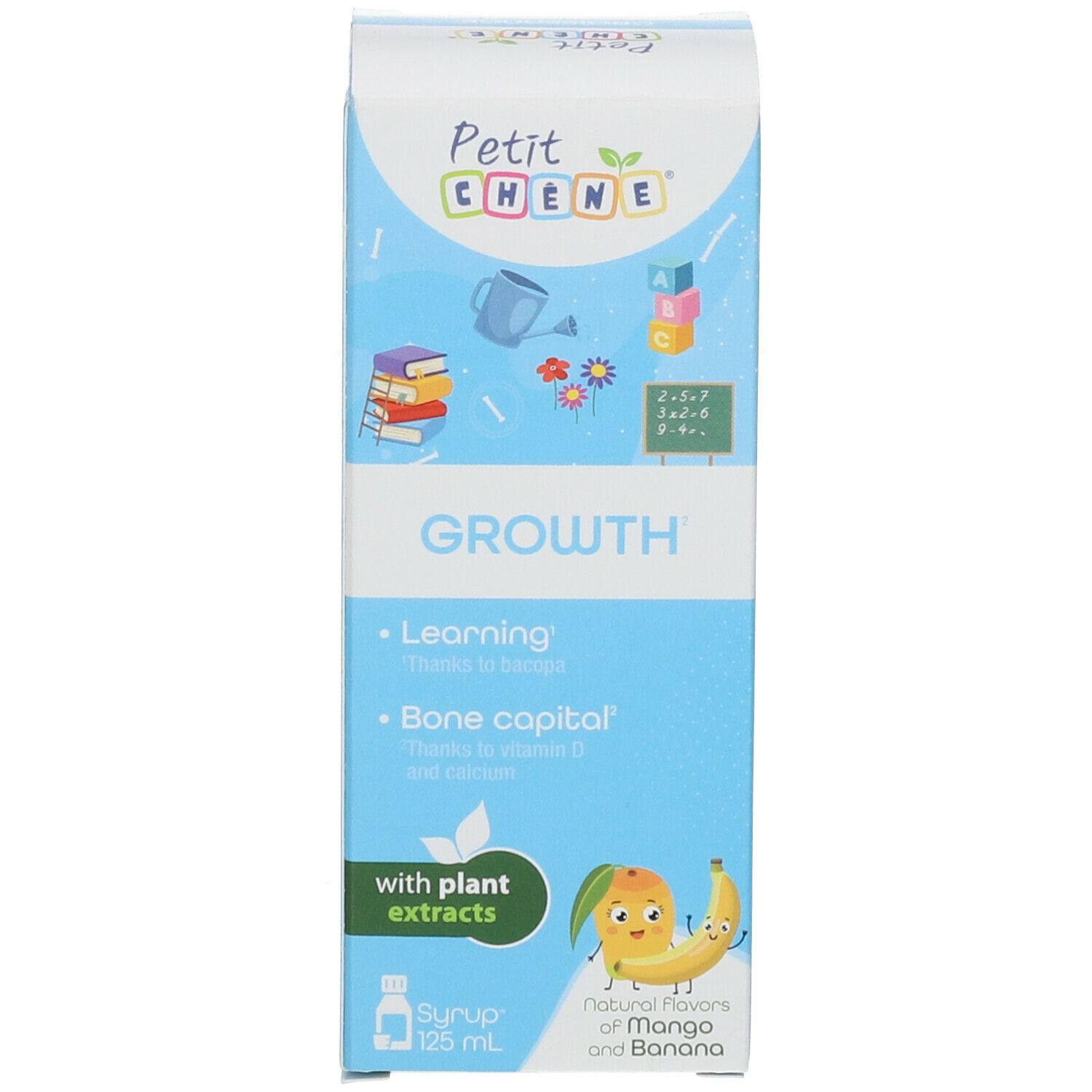 Schachtel mit Text: GROWTH, Petit Chêne, mit Pflanzenextrakten. Abbildung von Obst und Gemüse.